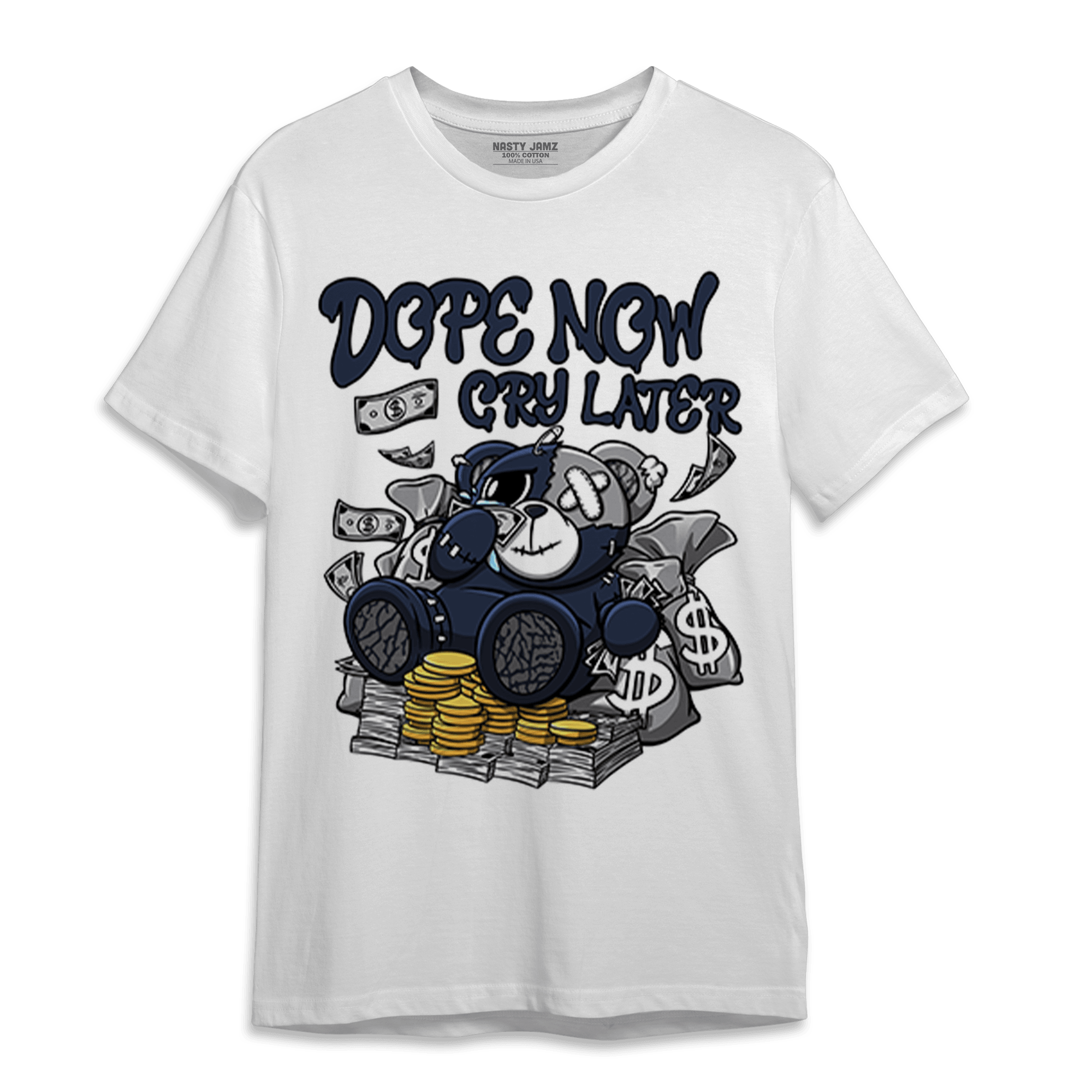 White Navy 3s T Shirt Match Money Cry BER - NastyJamz
