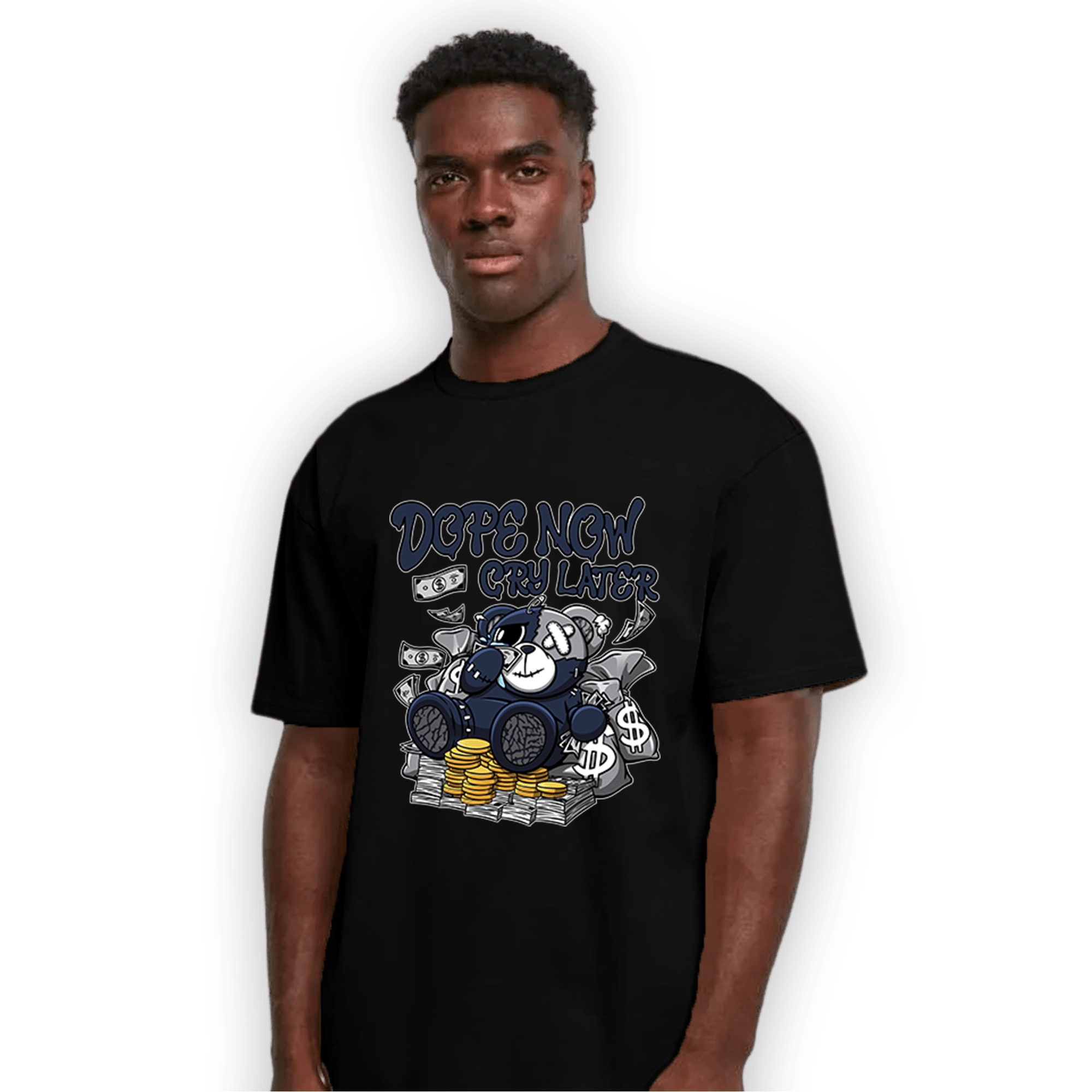 White Navy 3s T Shirt Match Money Cry BER - NastyJamz