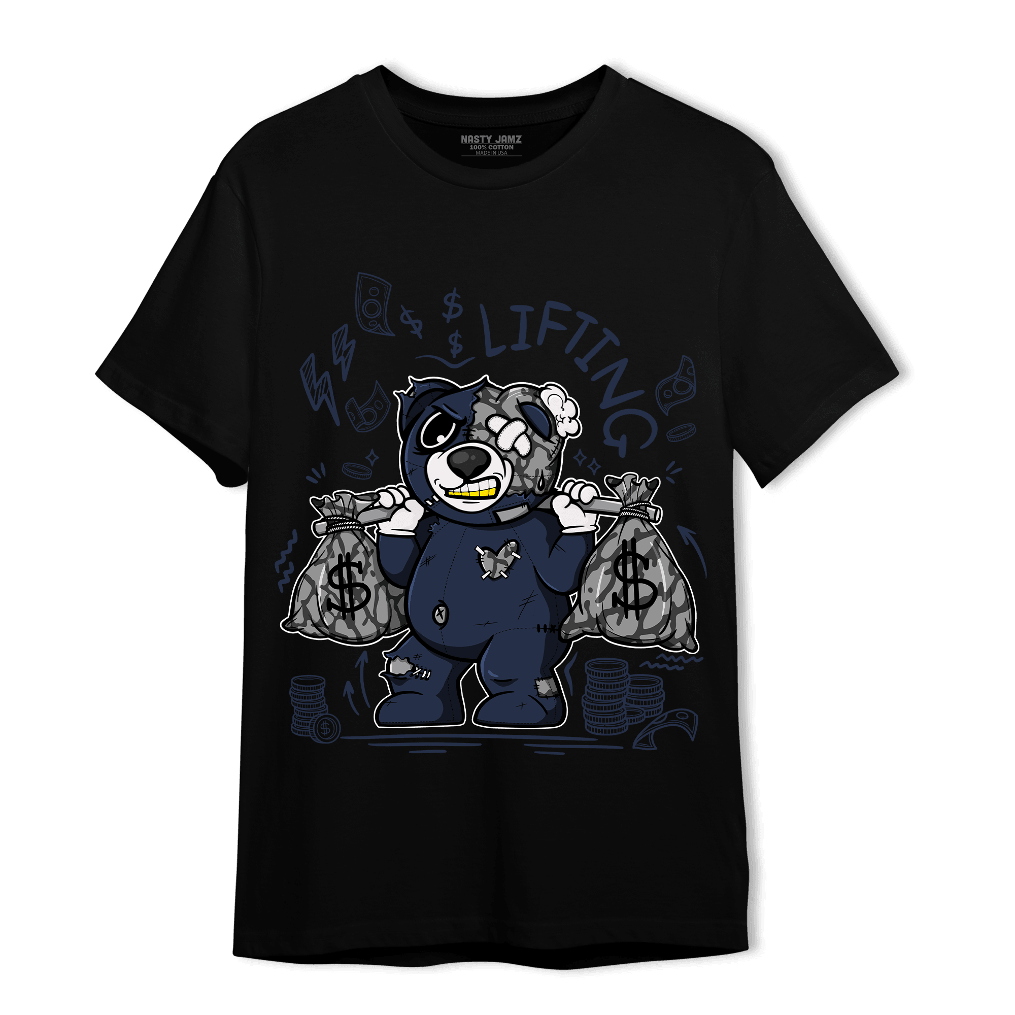 White Navy 3s T Shirt Match Money Lifting BER - NastyJamz