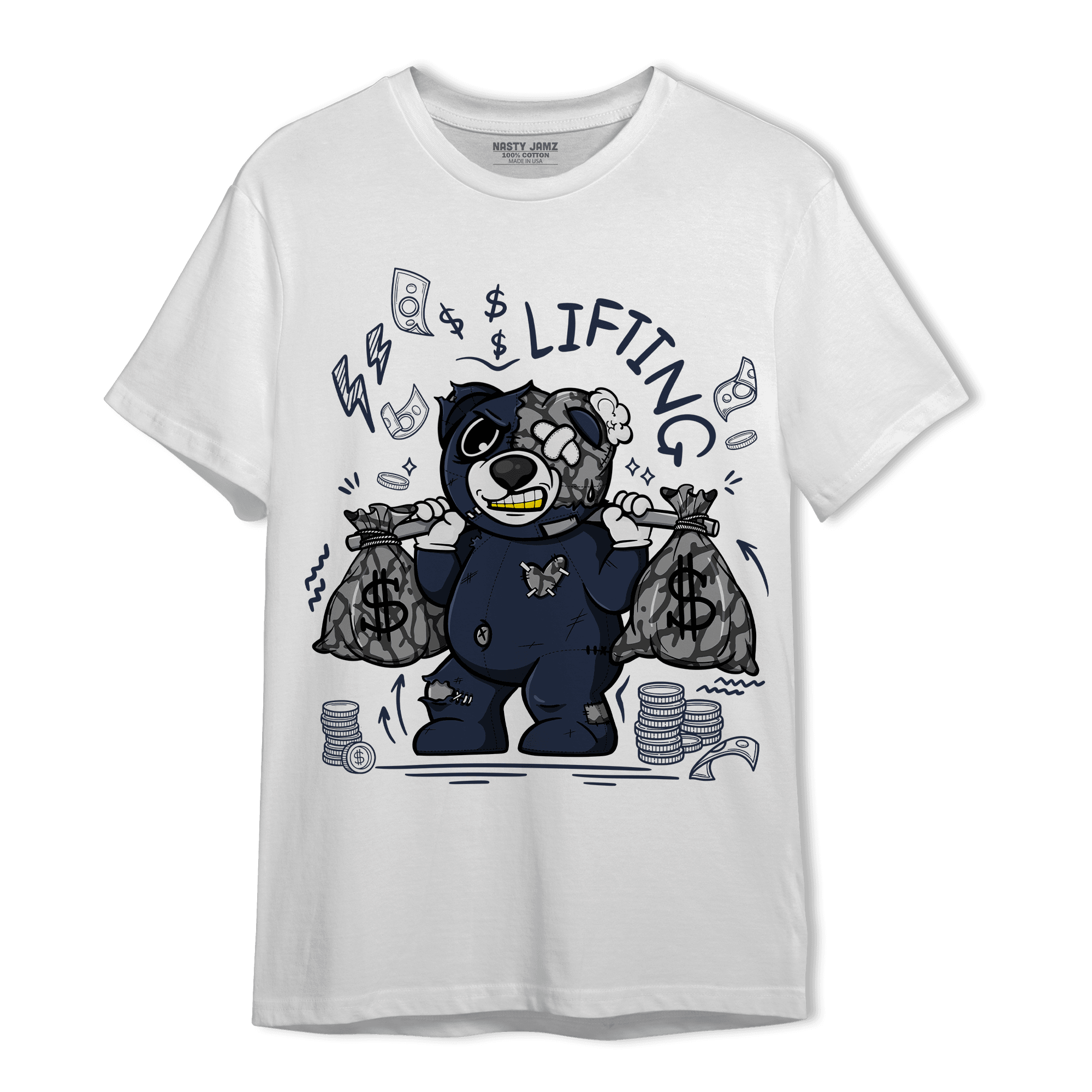 White Navy 3s T Shirt Match Money Lifting BER - NastyJamz