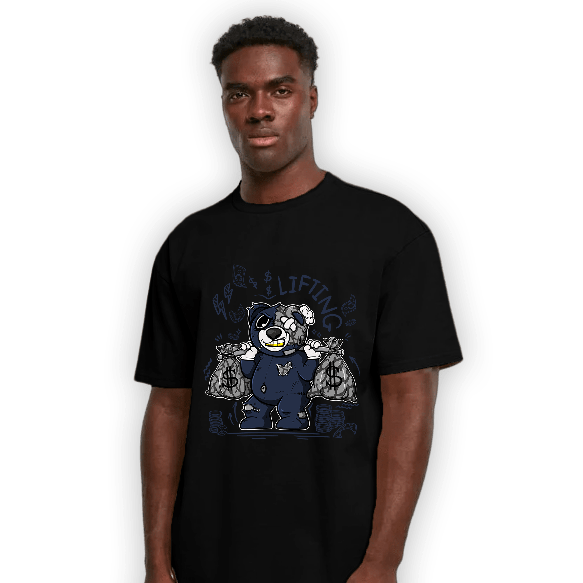 White Navy 3s T Shirt Match Money Lifting BER - NastyJamz
