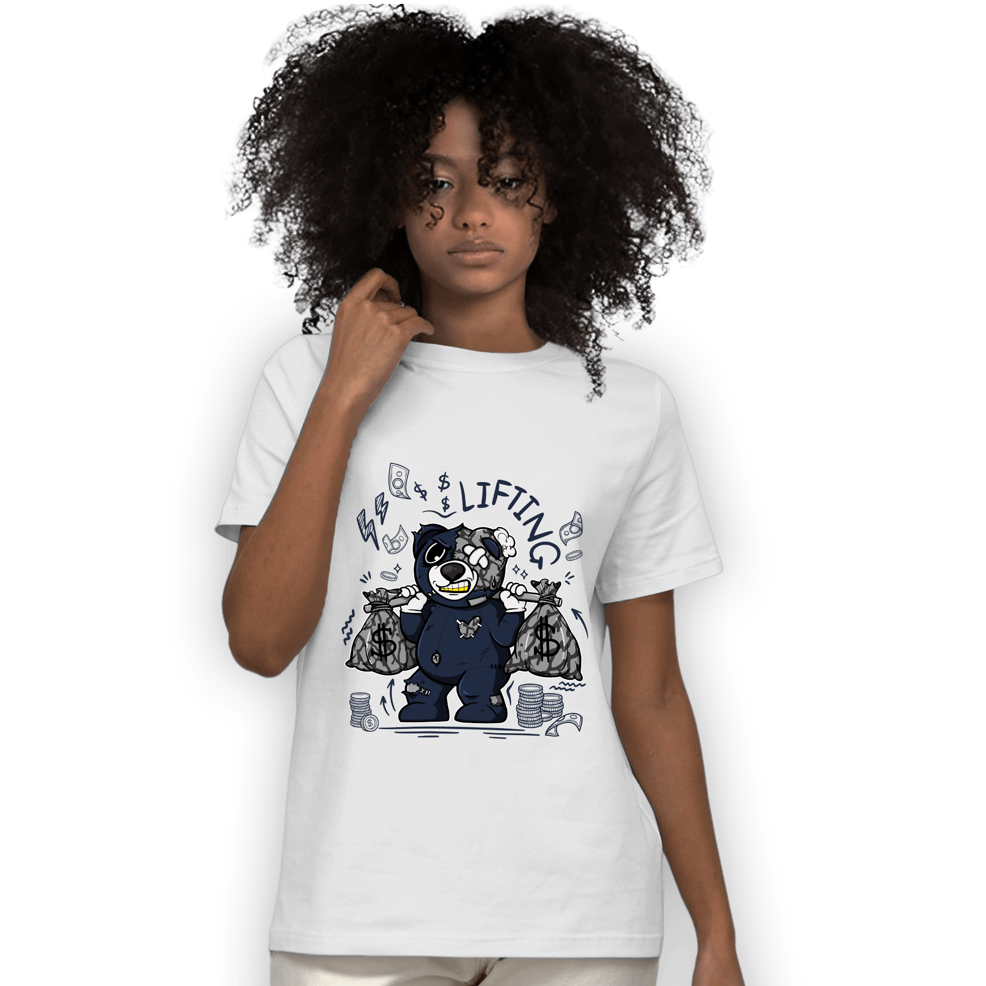 White Navy 3s T Shirt Match Money Lifting BER - NastyJamz
