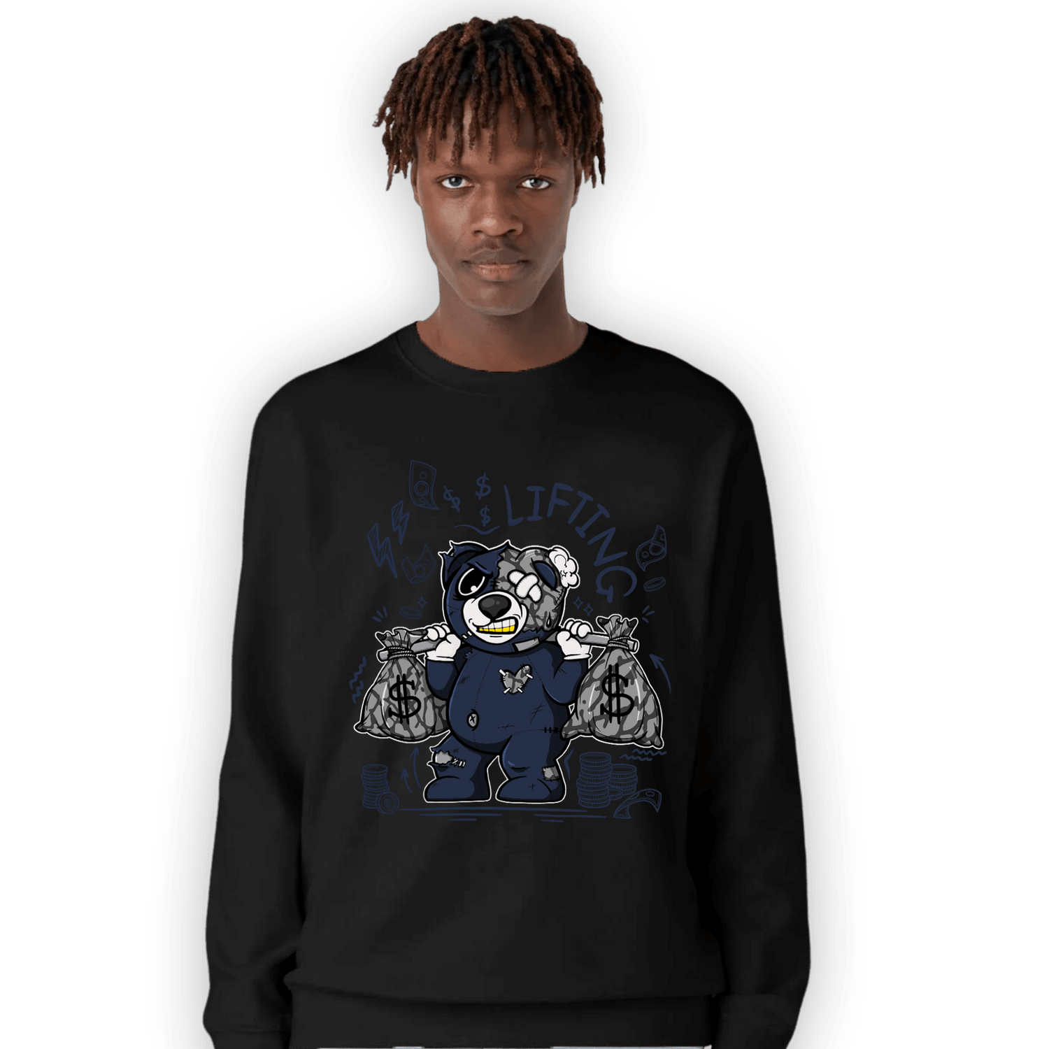 White Navy 3s Sweatshirt Match Money Lifting BER - NastyJamz
