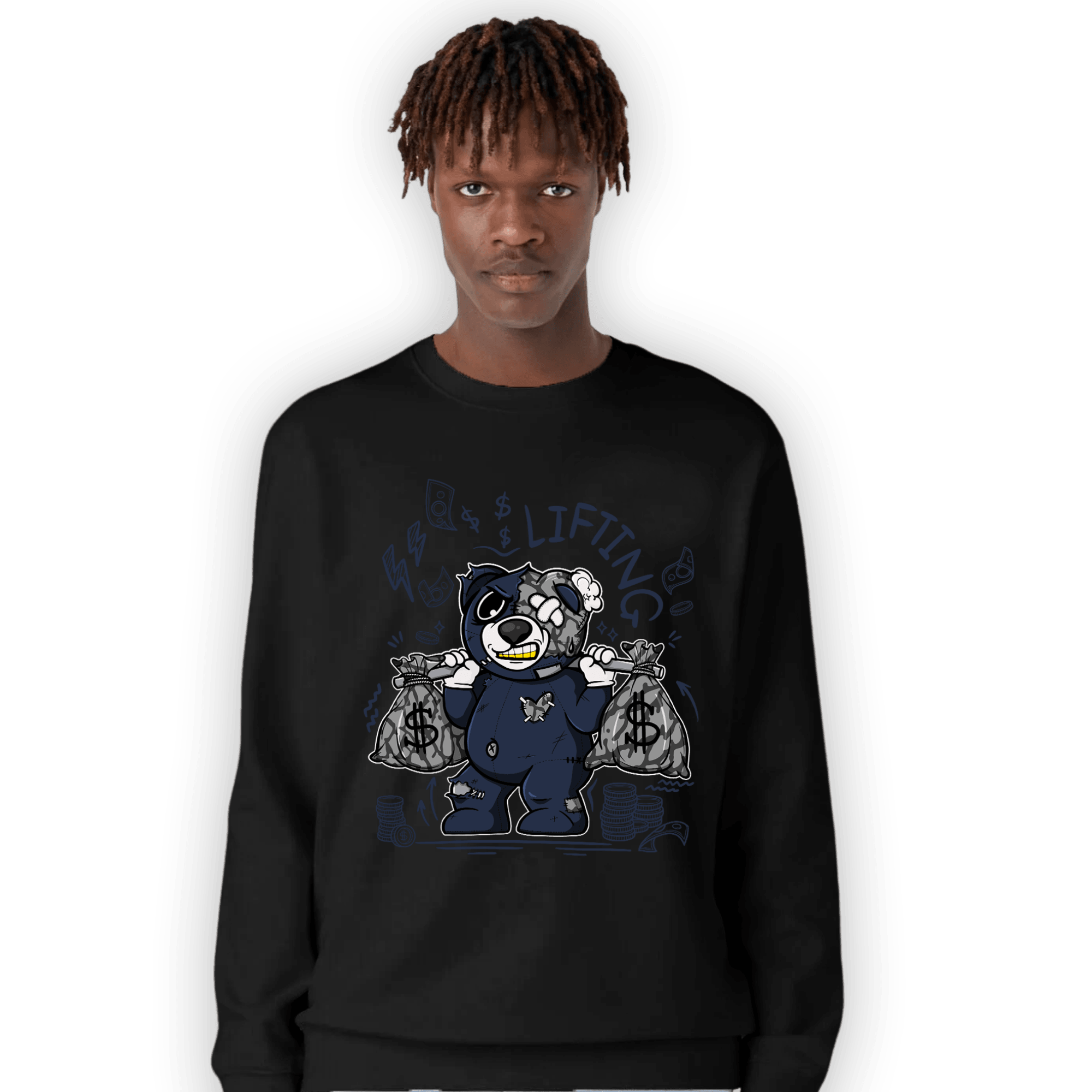 White Navy 3s Sweatshirt Match Money Lifting BER - NastyJamz