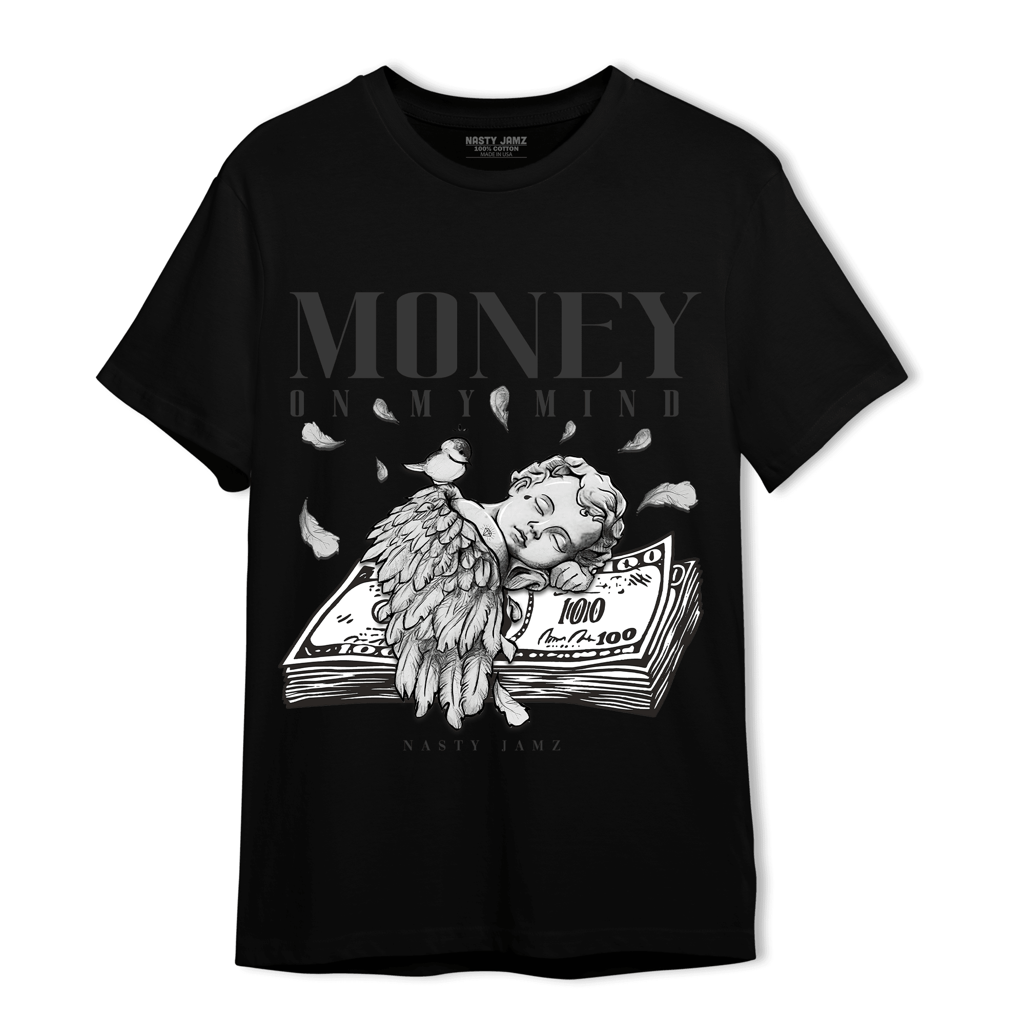 Black White 14s T Shirt Match Money On My Mind Angel - NastyJamz