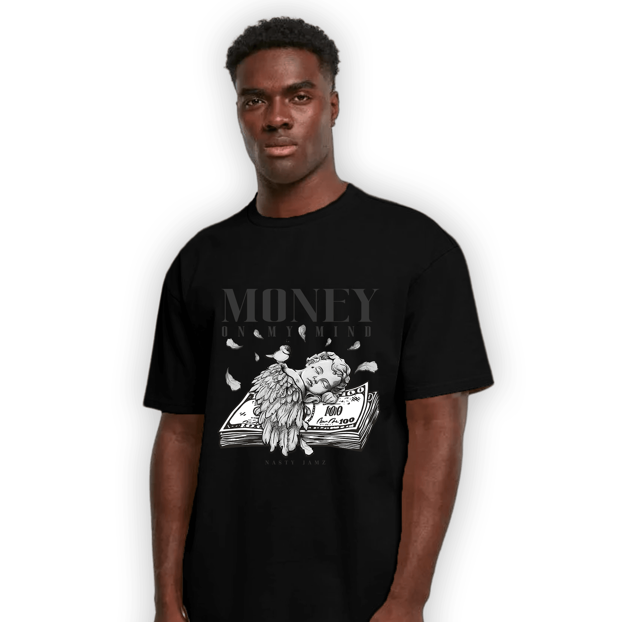 Black White 14s T Shirt Match Money On My Mind Angel - NastyJamz