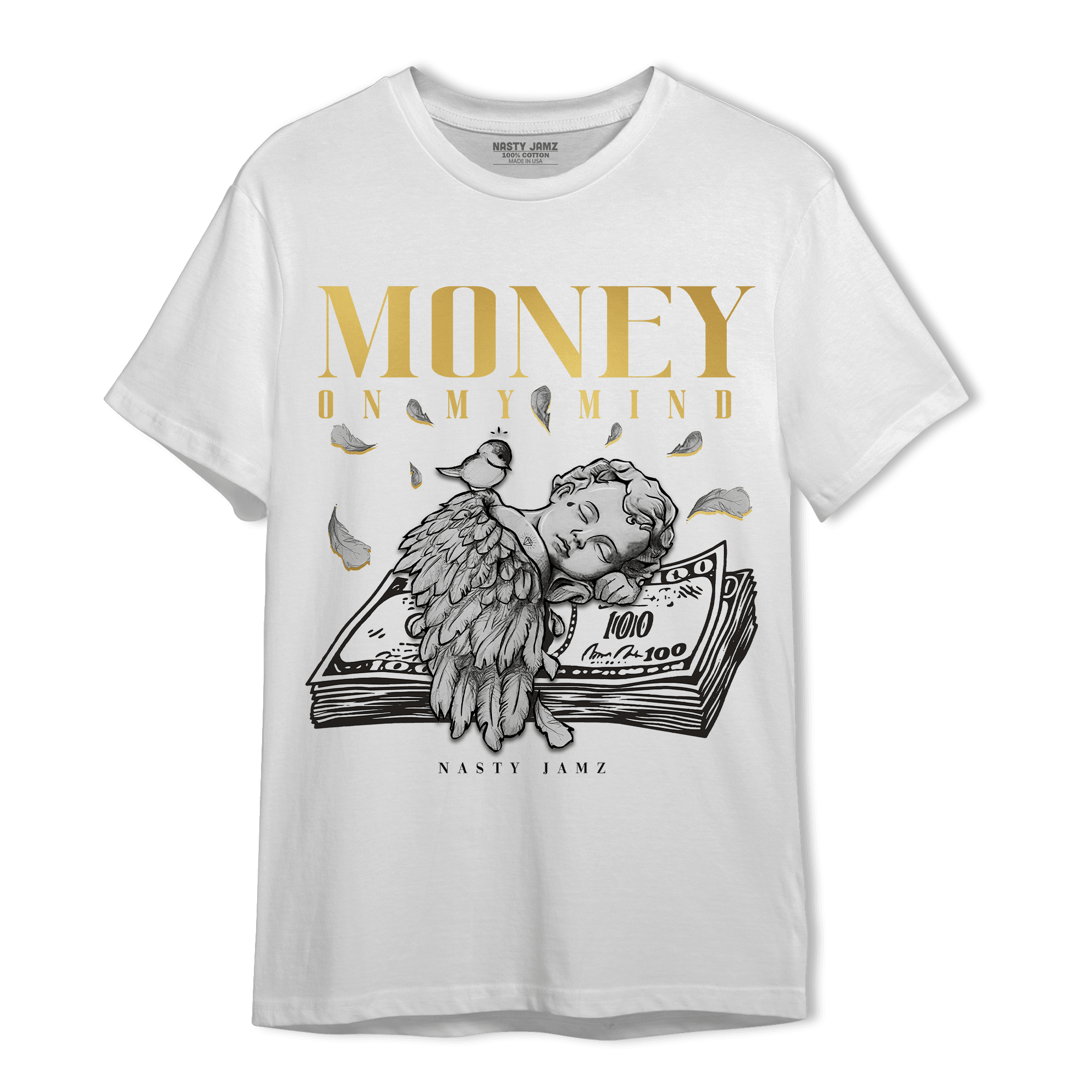 Mid SE Black Gold 1s T Shirt Match Money On My Mind Angel - NastyJamz