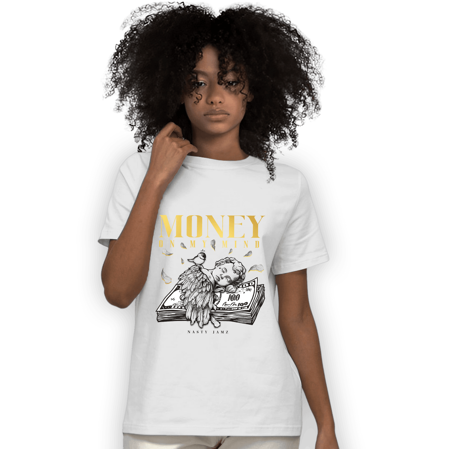 Mid SE Black Gold 1s T Shirt Match Money On My Mind Angel - NastyJamz