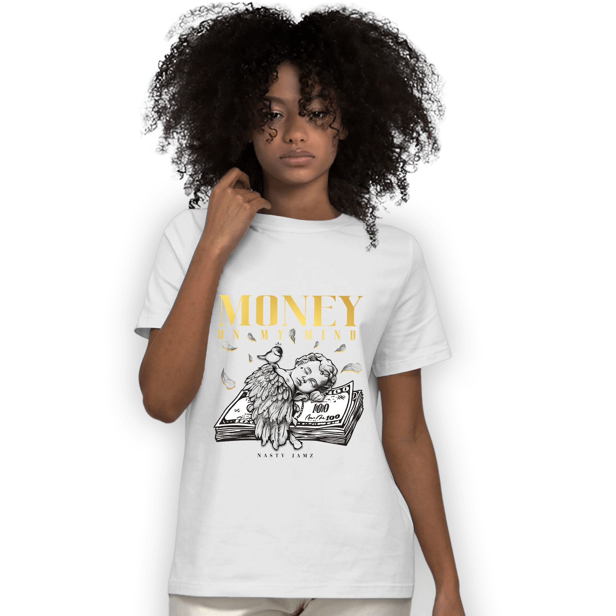 Mid SE Black Gold 1s T Shirt Match Money On My Mind Angel - NastyJamz