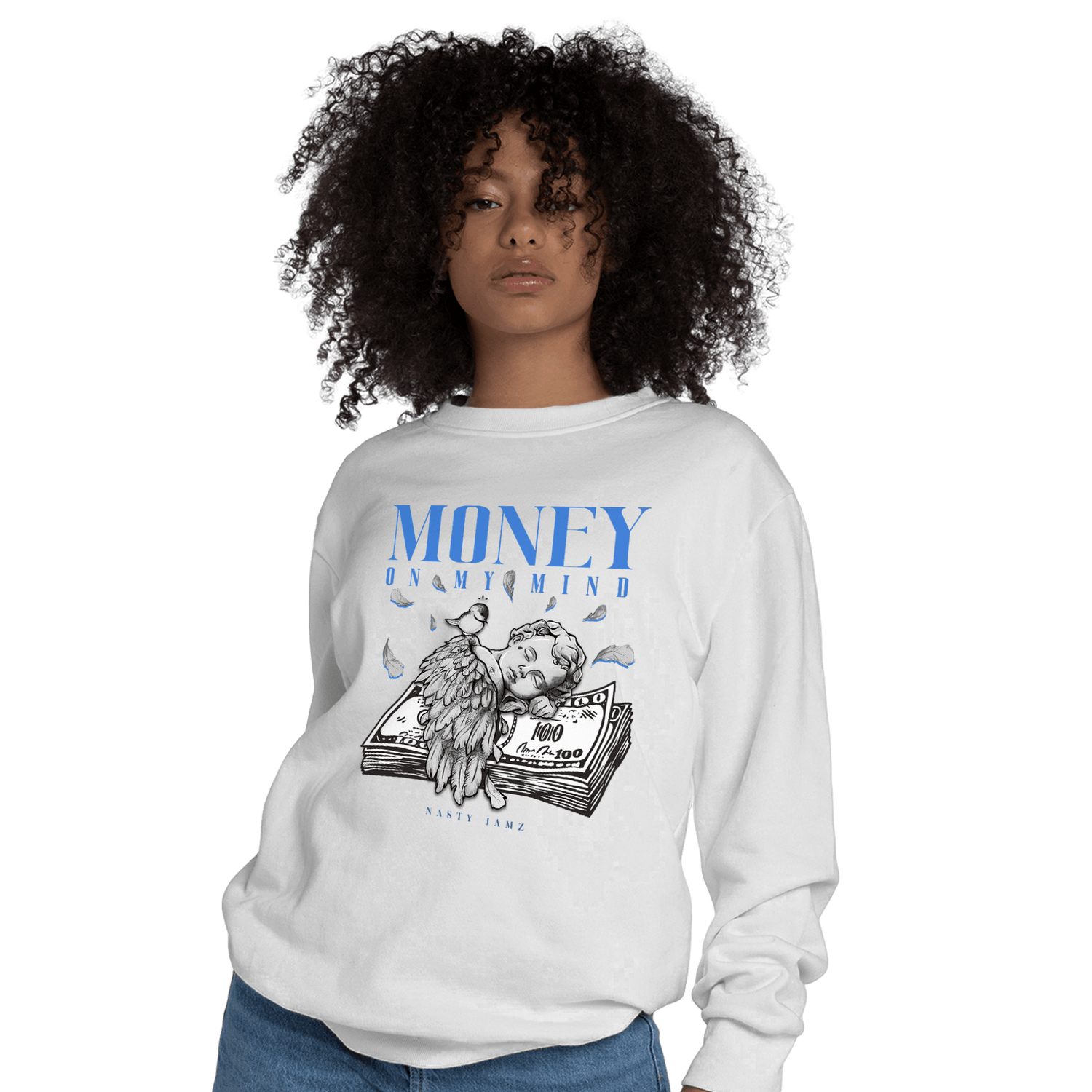 University Blue Toe 1s Sweatshirt Match Money On My Mind Angel - NastyJamz