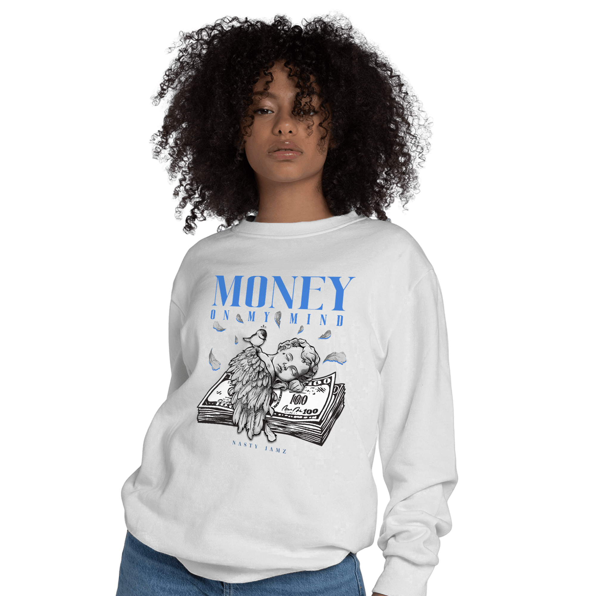 University Blue Toe 1s Sweatshirt Match Money On My Mind Angel - NastyJamz