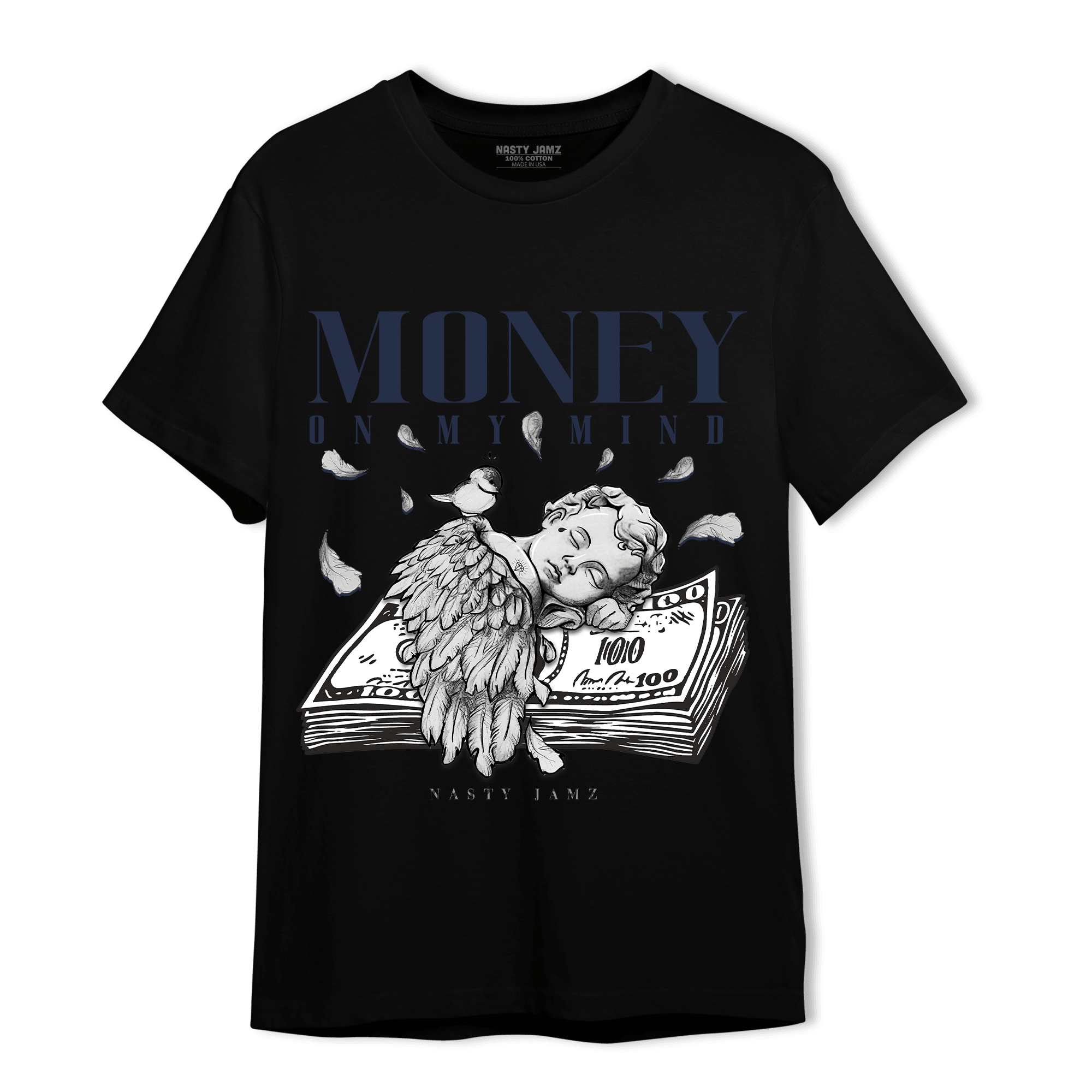 White Navy 3s T Shirt Match Money On My Mind Angel - NastyJamz