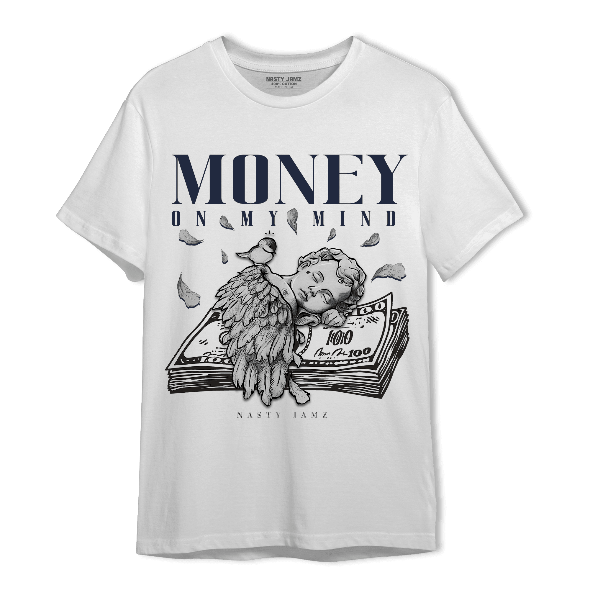 White Navy 3s T Shirt Match Money On My Mind Angel - NastyJamz