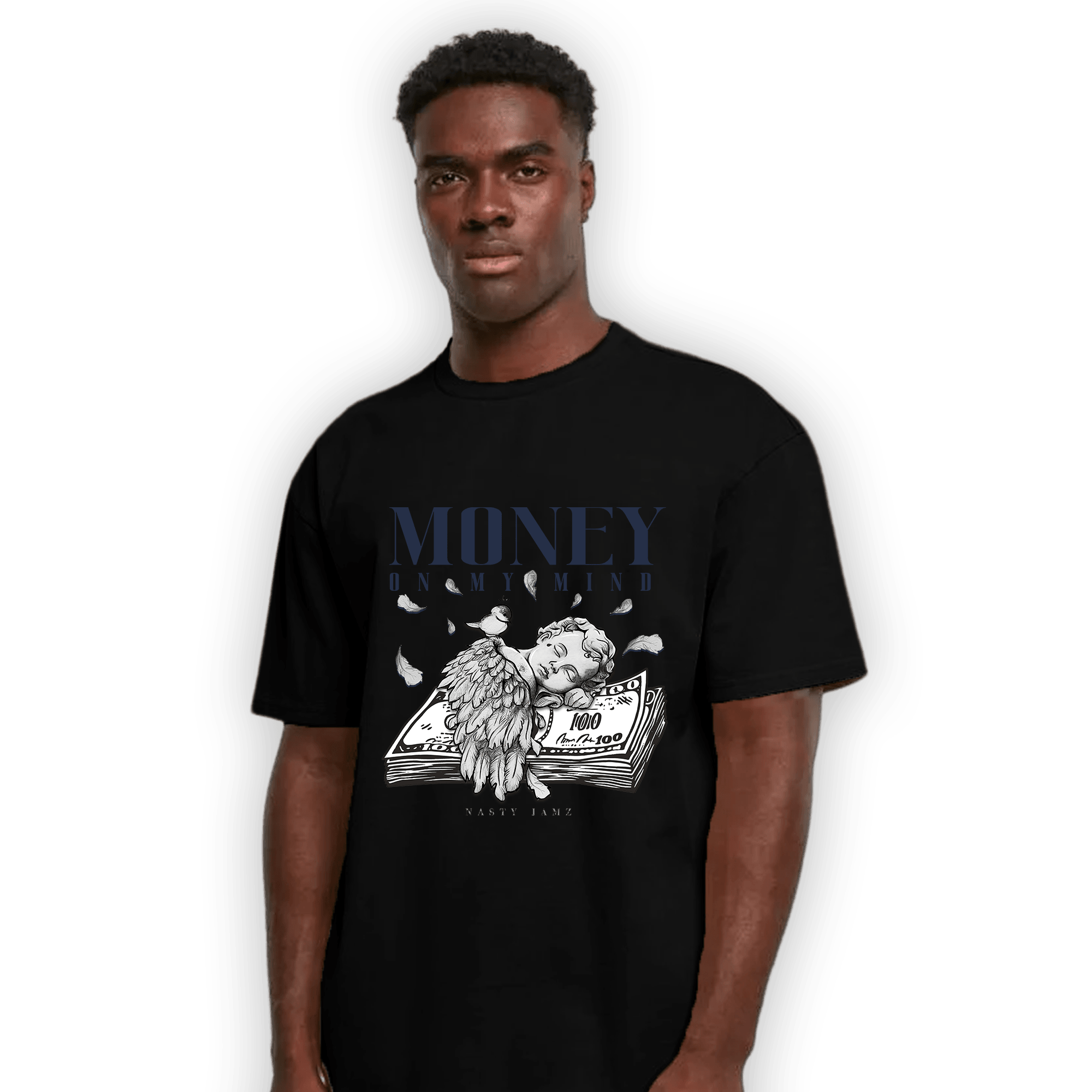 White Navy 3s T Shirt Match Money On My Mind Angel - NastyJamz