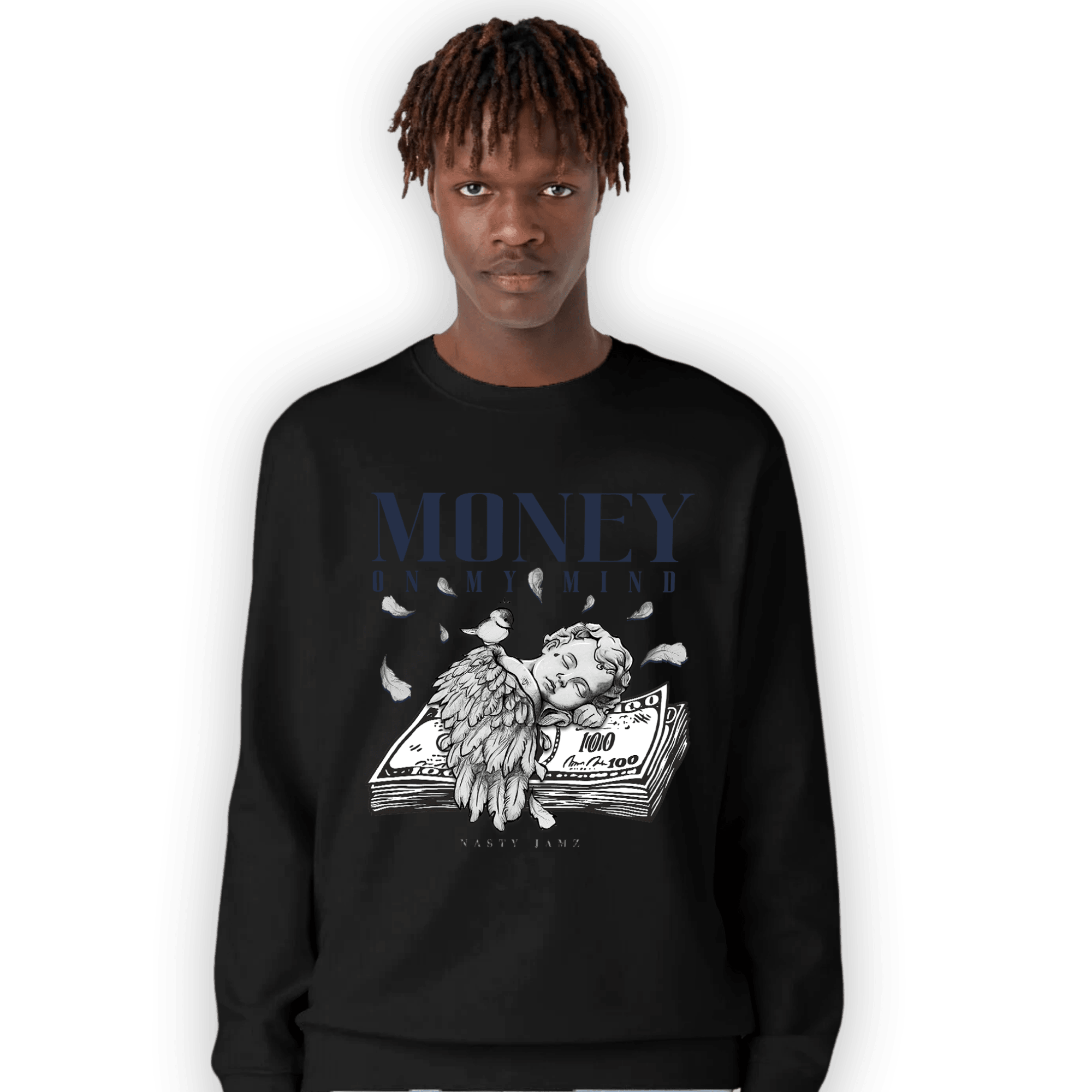 White Navy 3s Sweatshirt Match Money On My Mind Angel - NastyJamz