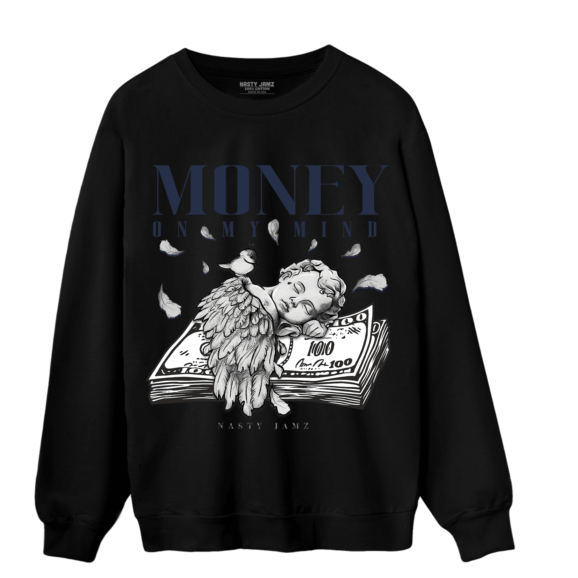 White Navy 3s Sweatshirt Match Money On My Mind Angel - NastyJamz