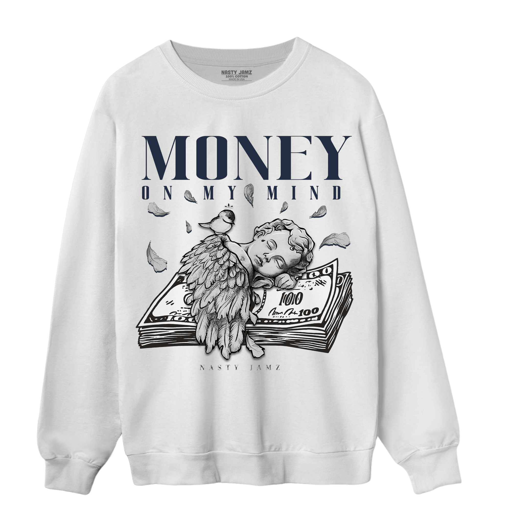 White Navy 3s Sweatshirt Match Money On My Mind Angel - NastyJamz