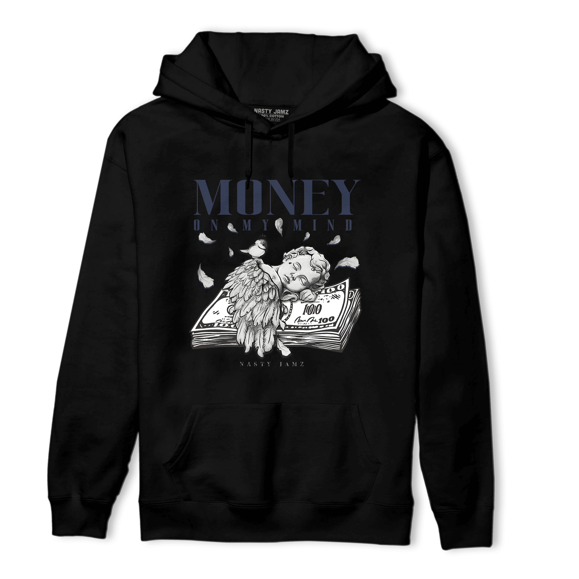 White Navy 3s Hoodie Match Money On My Mind Angel - NastyJamz