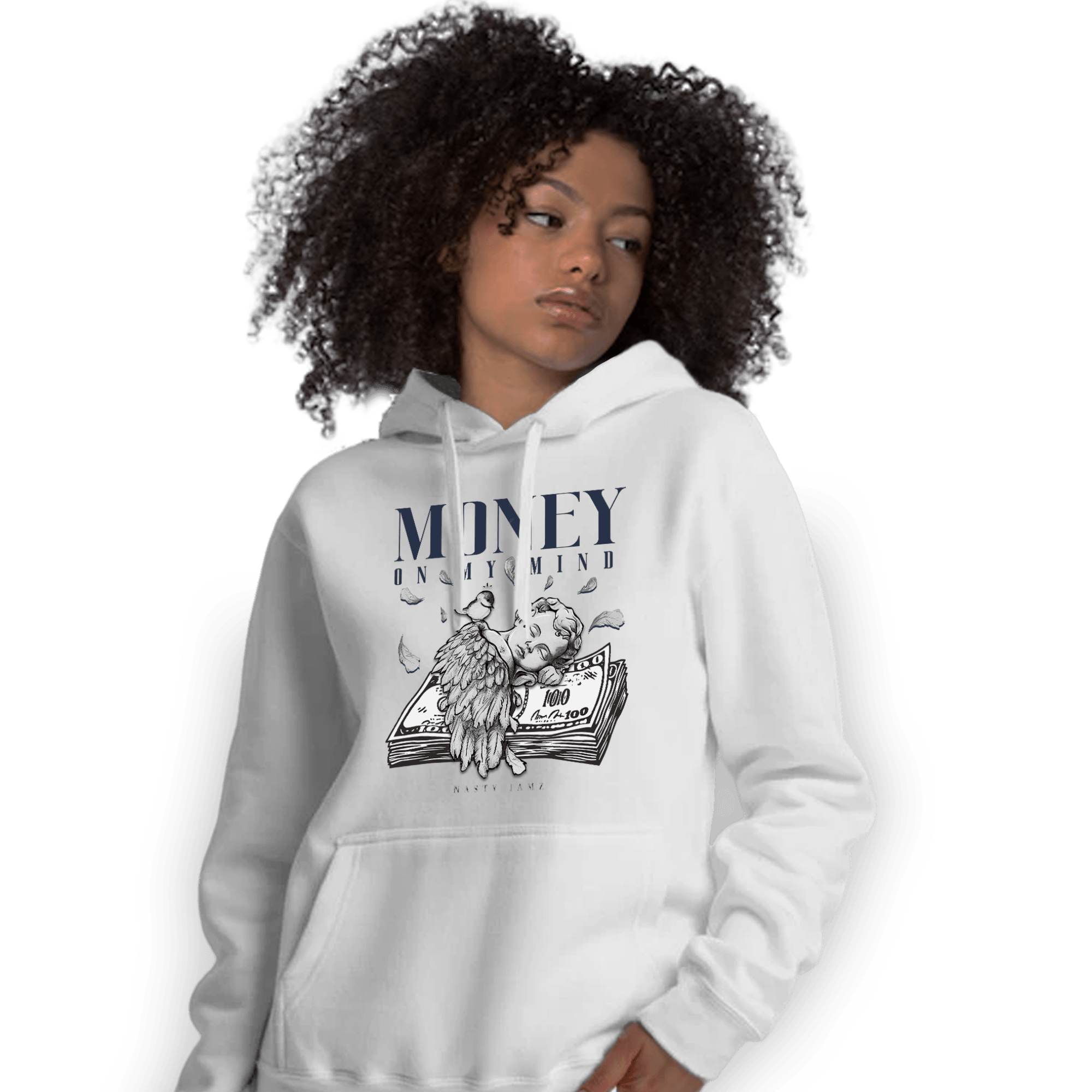 White Navy 3s Hoodie Match Money On My Mind Angel - NastyJamz