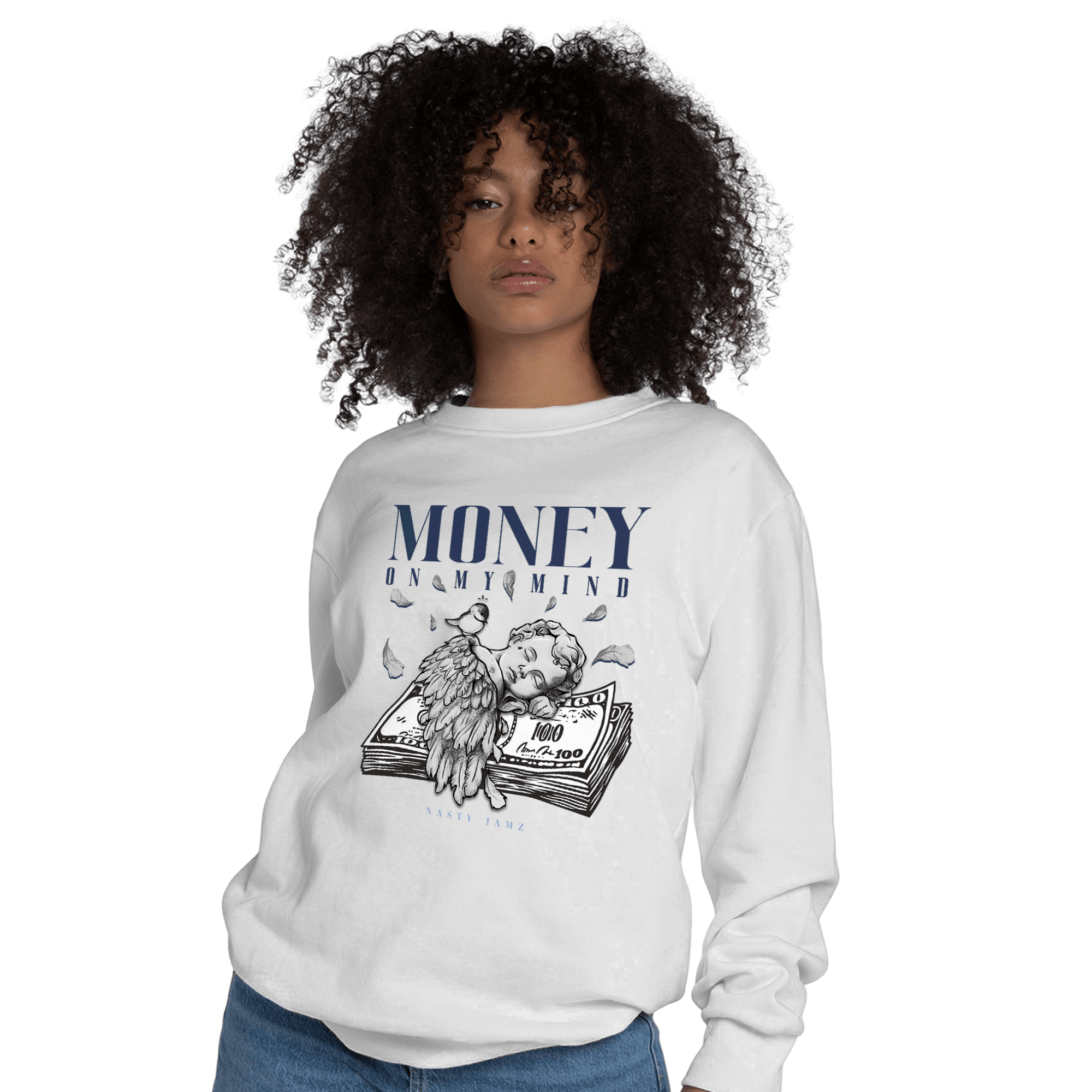 Midnight Navy 5s Sweatshirt Match Money On My Mind Angel - NastyJamz