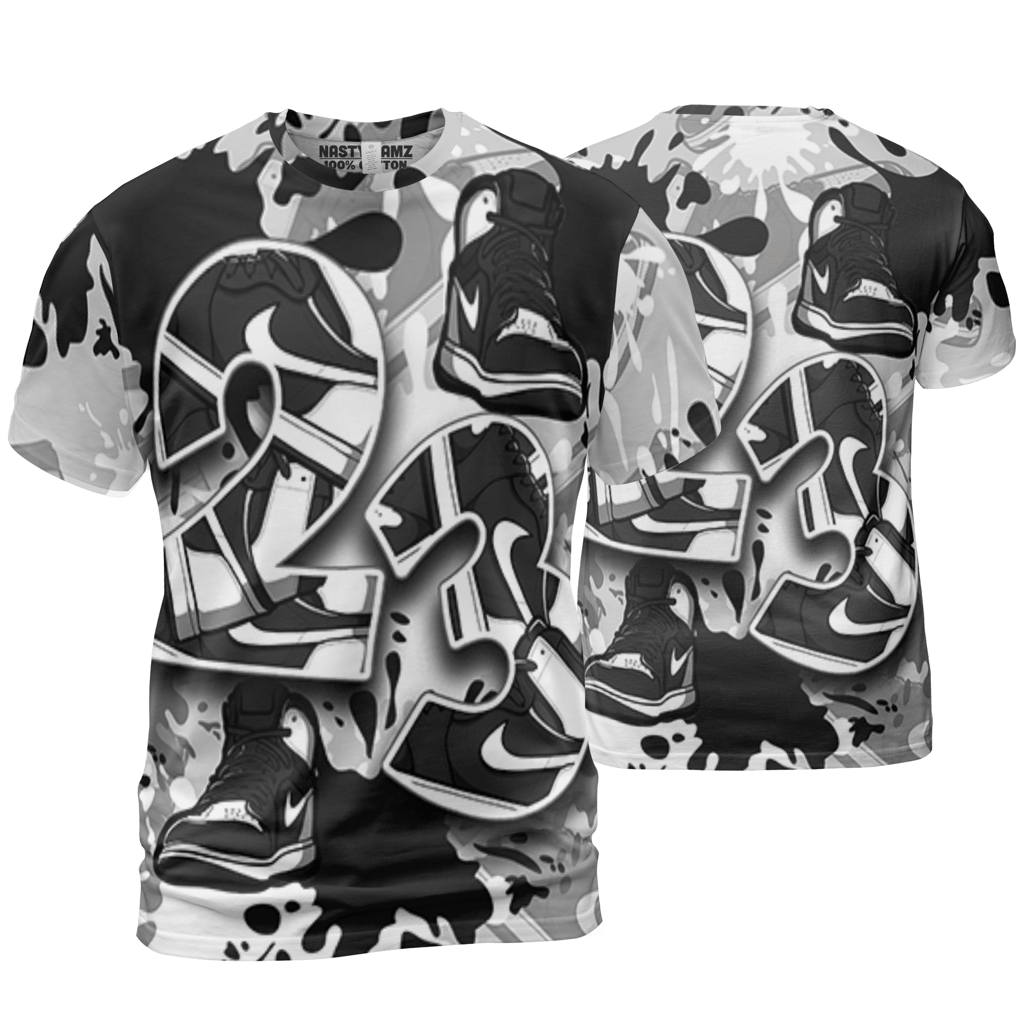 Retro High OG Black White 1s T Shirt Match Number 23 Paint Too Many Sneakers - NastyJamz