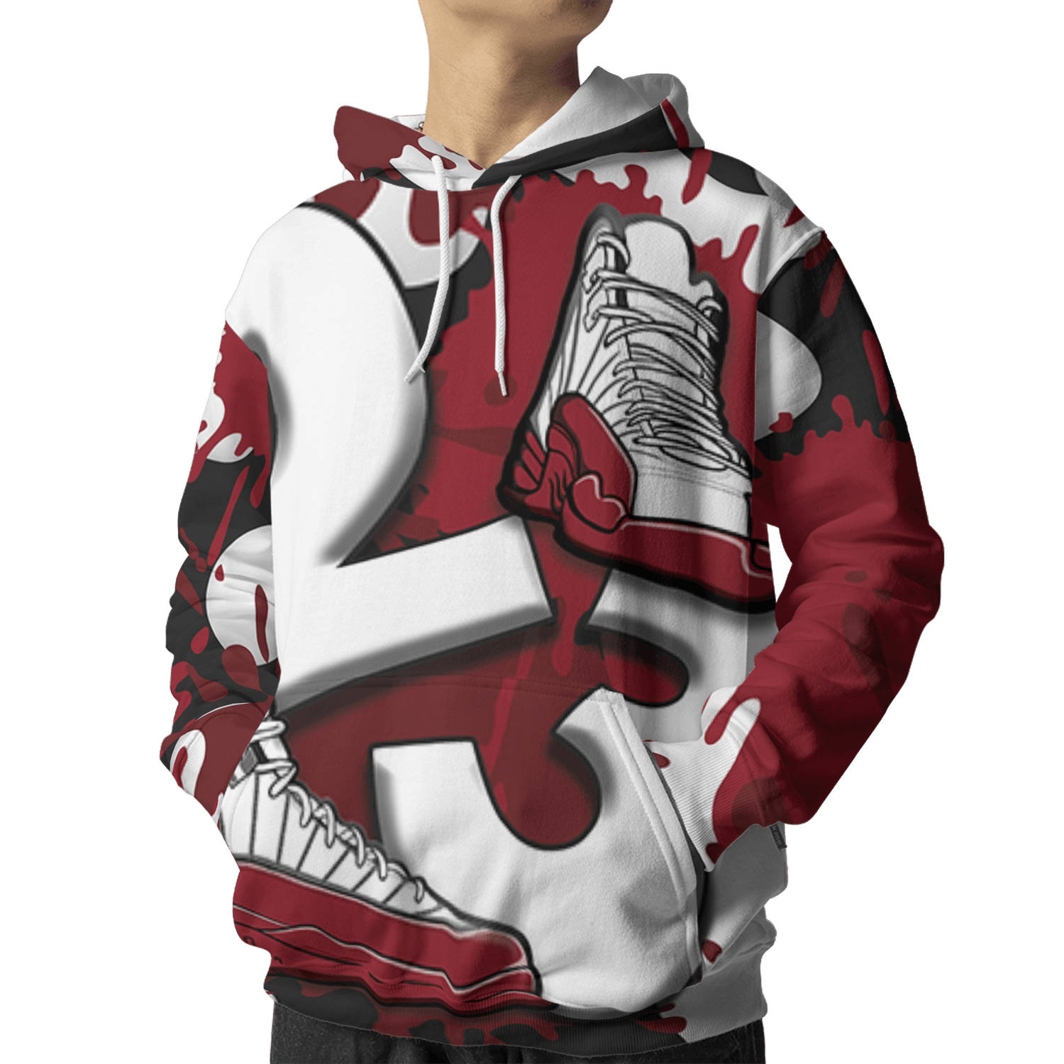 Cherry 12s Hoodie Match Number 23 Paint White Monochrome Ball 3D All-Over Print - NastyJamz