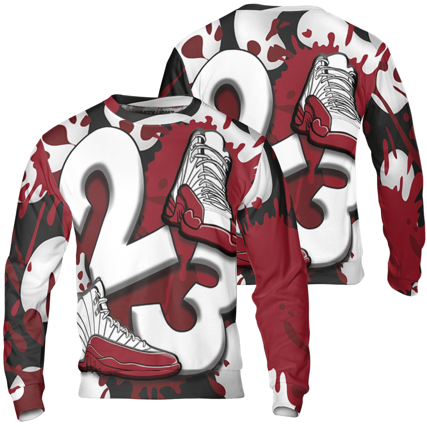Cherry 12s Sweatshirt Match Number 23 Paint White Monochrome Ball 3D All-Over Print - NastyJamz