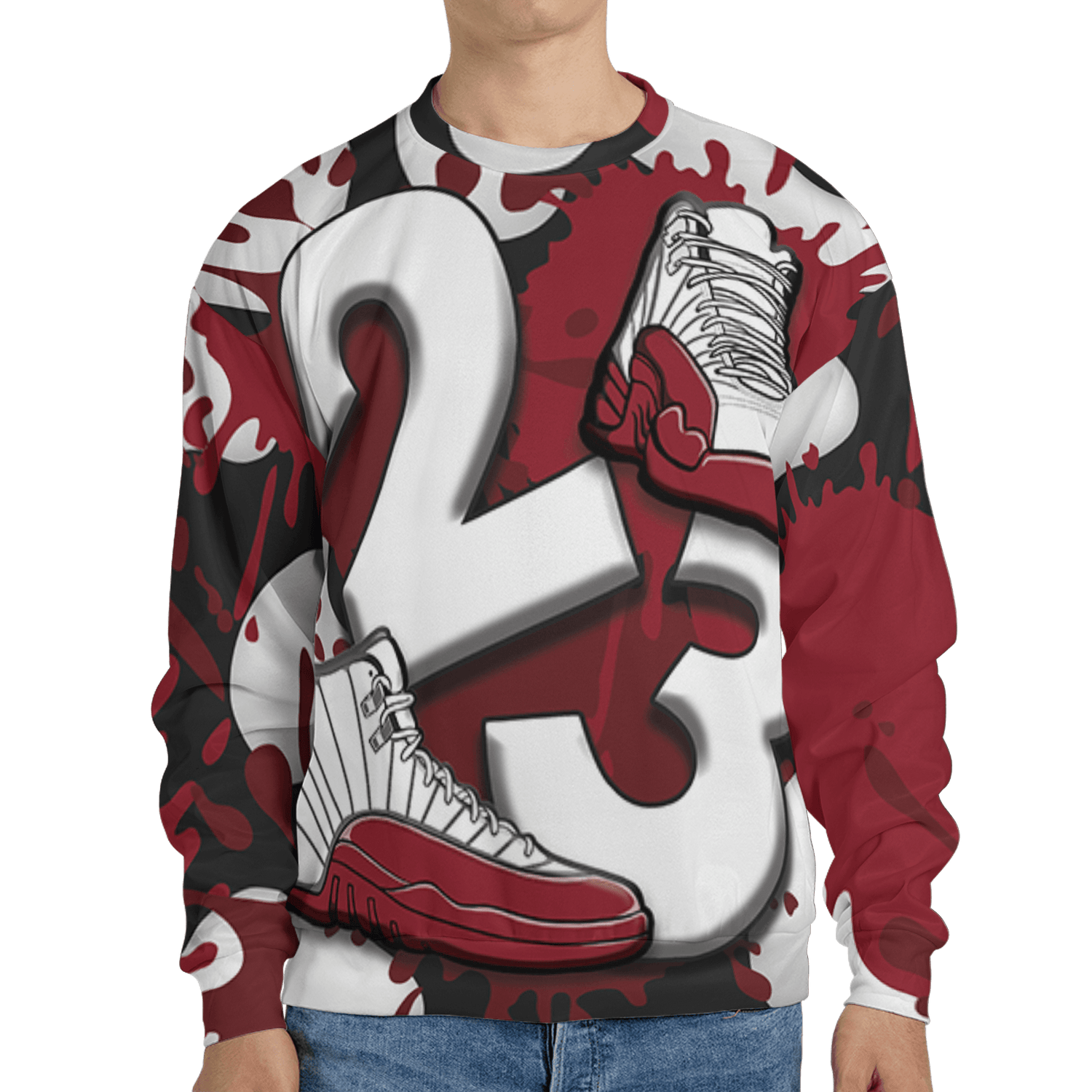 Cherry 12s Sweatshirt Match Number 23 Paint White Monochrome Ball 3D All-Over Print - NastyJamz