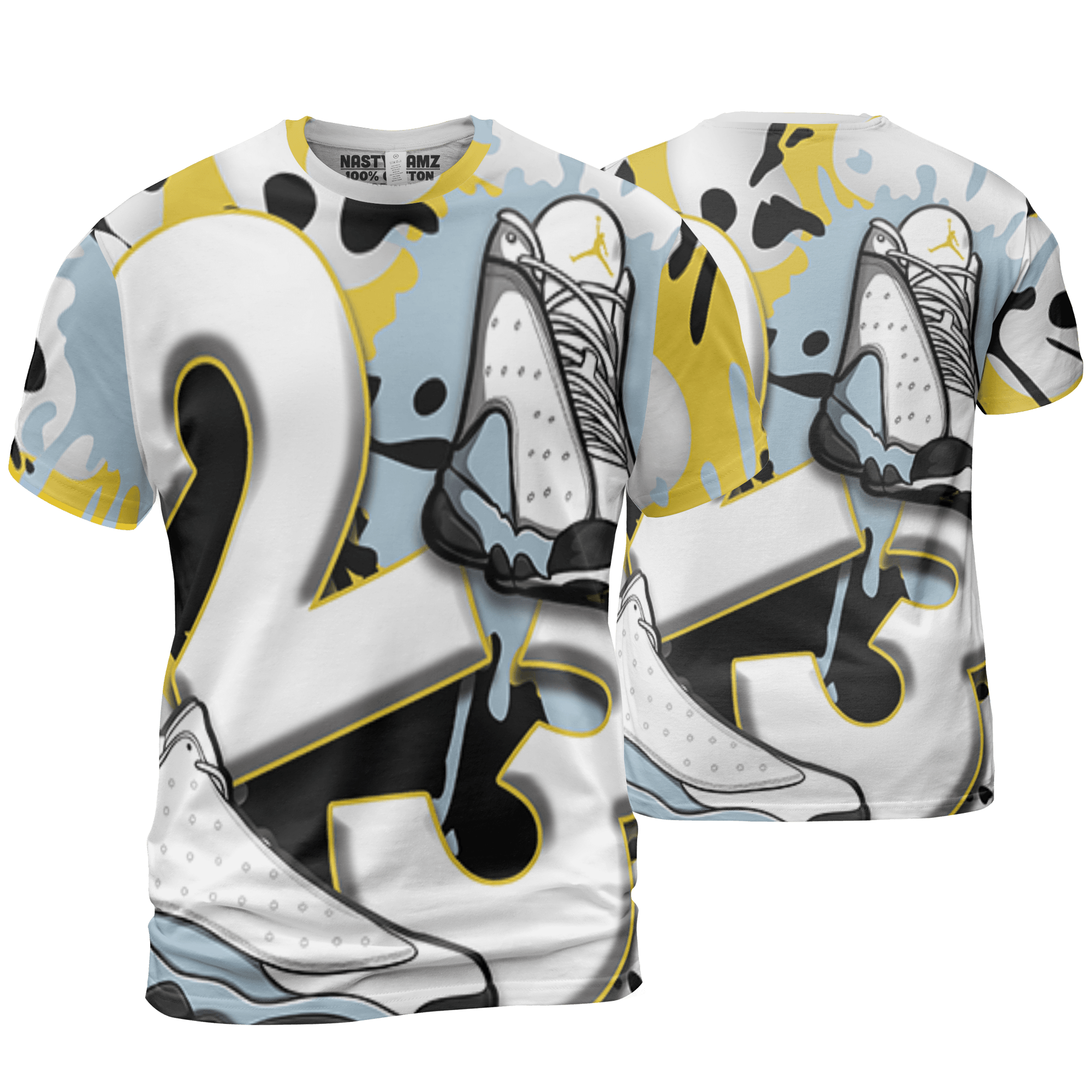 Blue Grey 13s T Shirt Match Number 23 Paint White Monochrome Ball 3D All-Over Print - NastyJamz