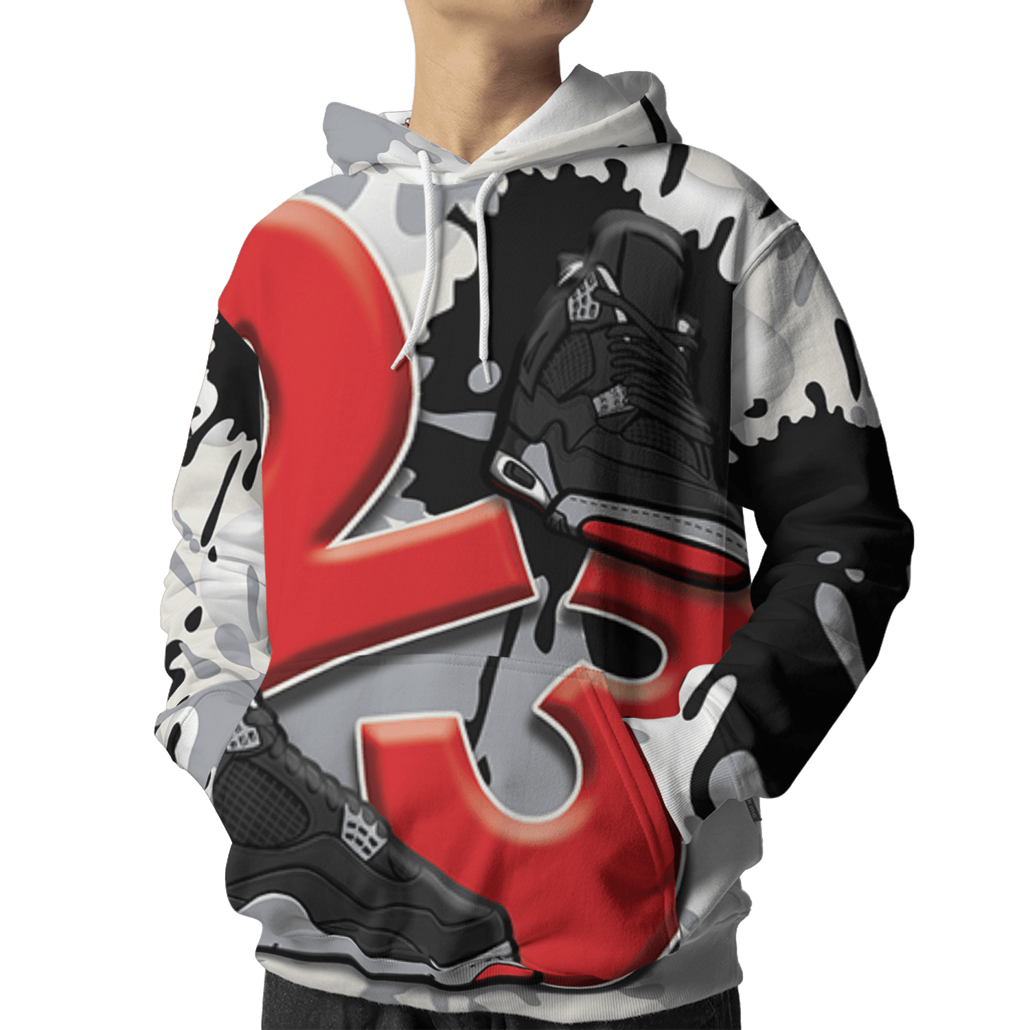 Bred Reimagined 4s Hoodie Match Number 23 Paint White Monochrome Ball 3D All-Over Print - NastyJamz