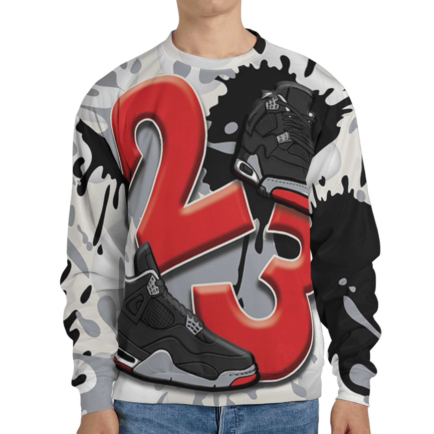 Bred Reimagined 4s Sweatshirt Match Number 23 Paint White Monochrome Ball 3D All-Over Print - NastyJamz