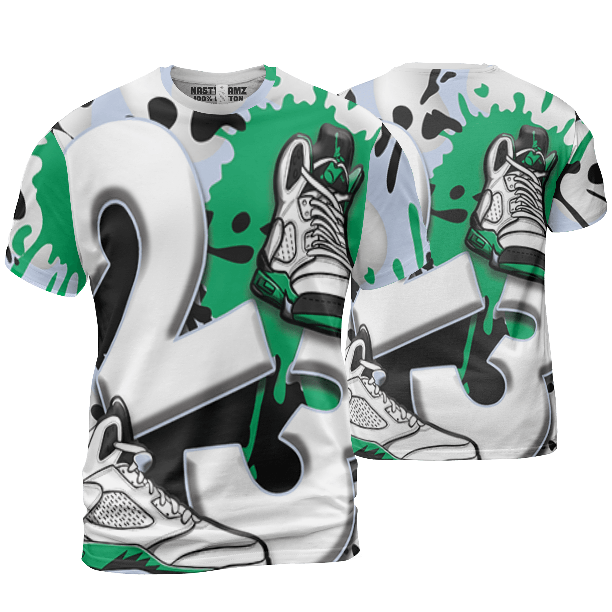 Lucky Green 5s T Shirt Match Number 23 Paint White Monochrome Ball 3D All-Over Print - NastyJamz