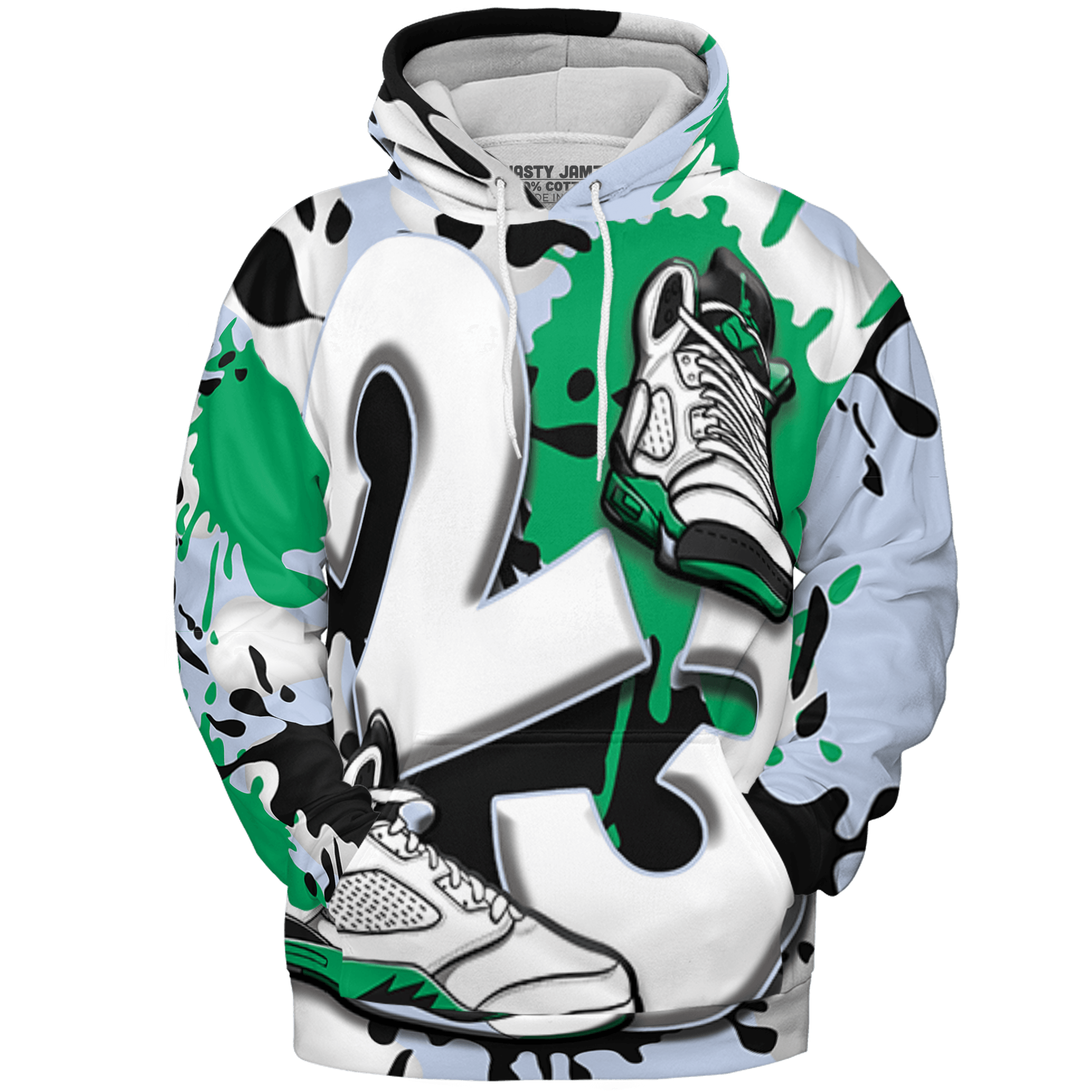 Lucky Green 5s Hoodie Match Number 23 Paint White Monochrome Ball 3D All-Over Print - NastyJamz