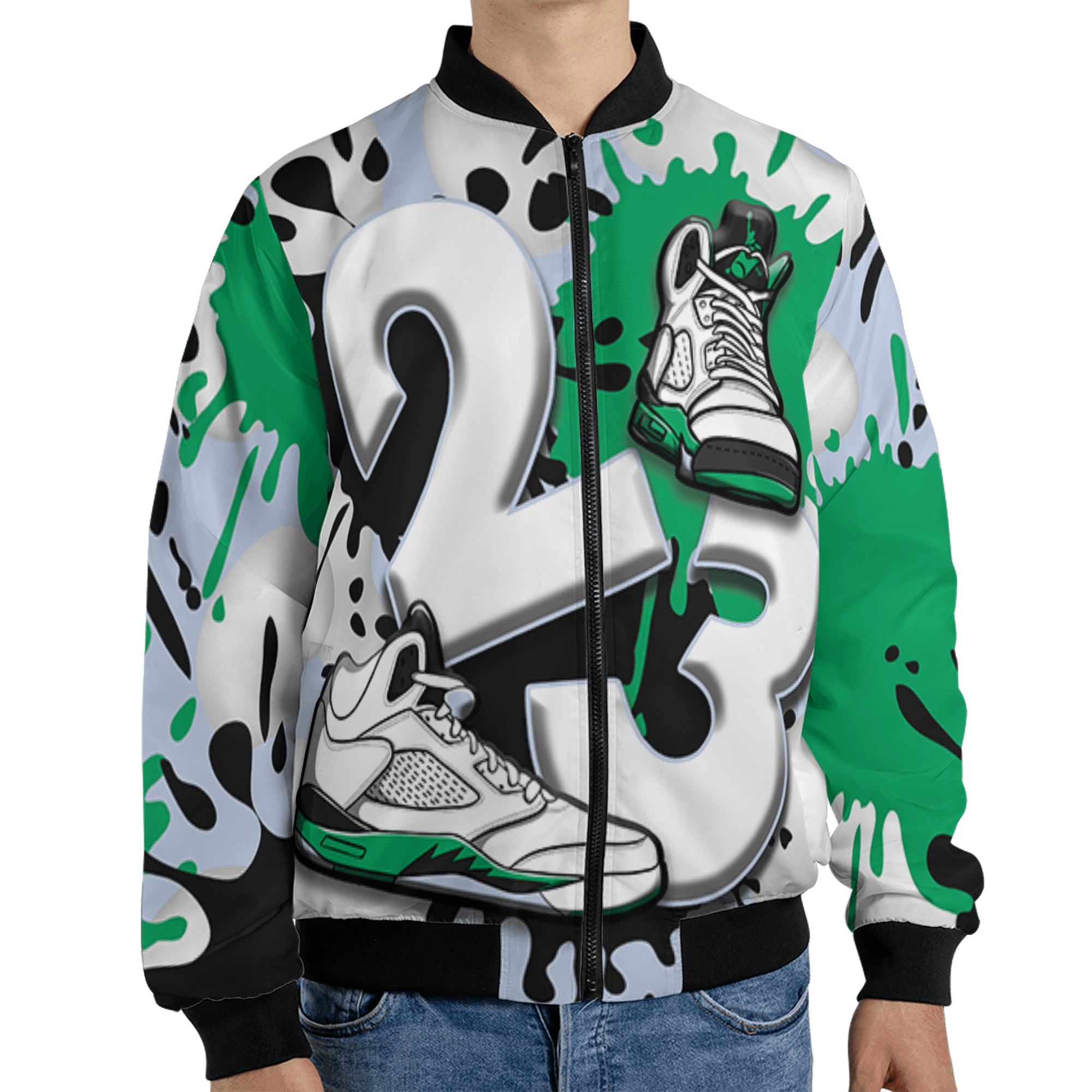 Lucky Green 5s Jacket Match Number 23 Paint White Monochrome Ball 3D All-Over Print - NastyJamz