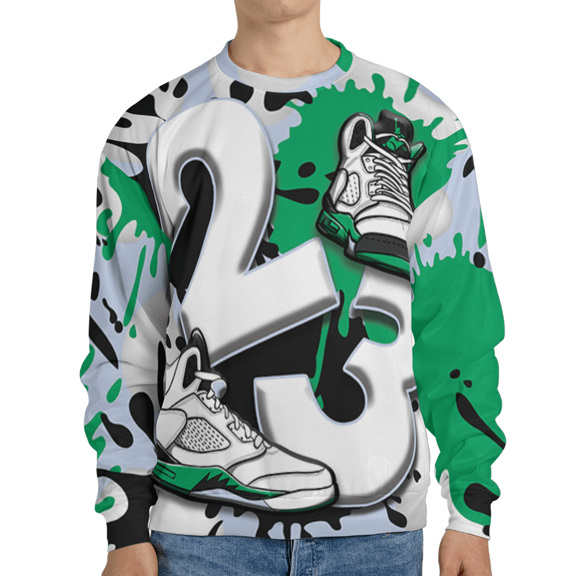 Lucky Green 5s Sweatshirt Match Number 23 Paint White Monochrome Ball 3D All-Over Print - NastyJamz