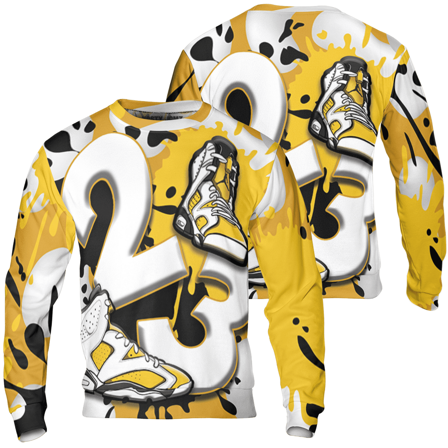 Yellow Ochre 6s Sweatshirt Match Number 23 Paint White Monochrome Ball 3D All-Over Print - NastyJamz
