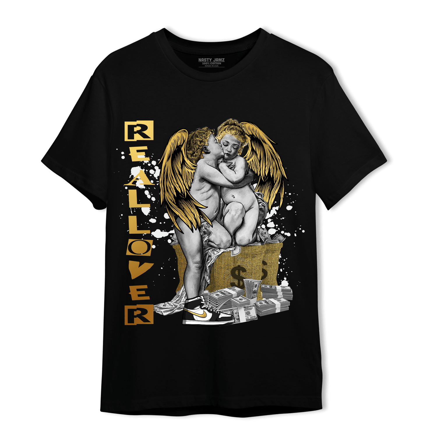 Mid SE Black Gold 1s T Shirt Match Real Lover Angel - NastyJamz