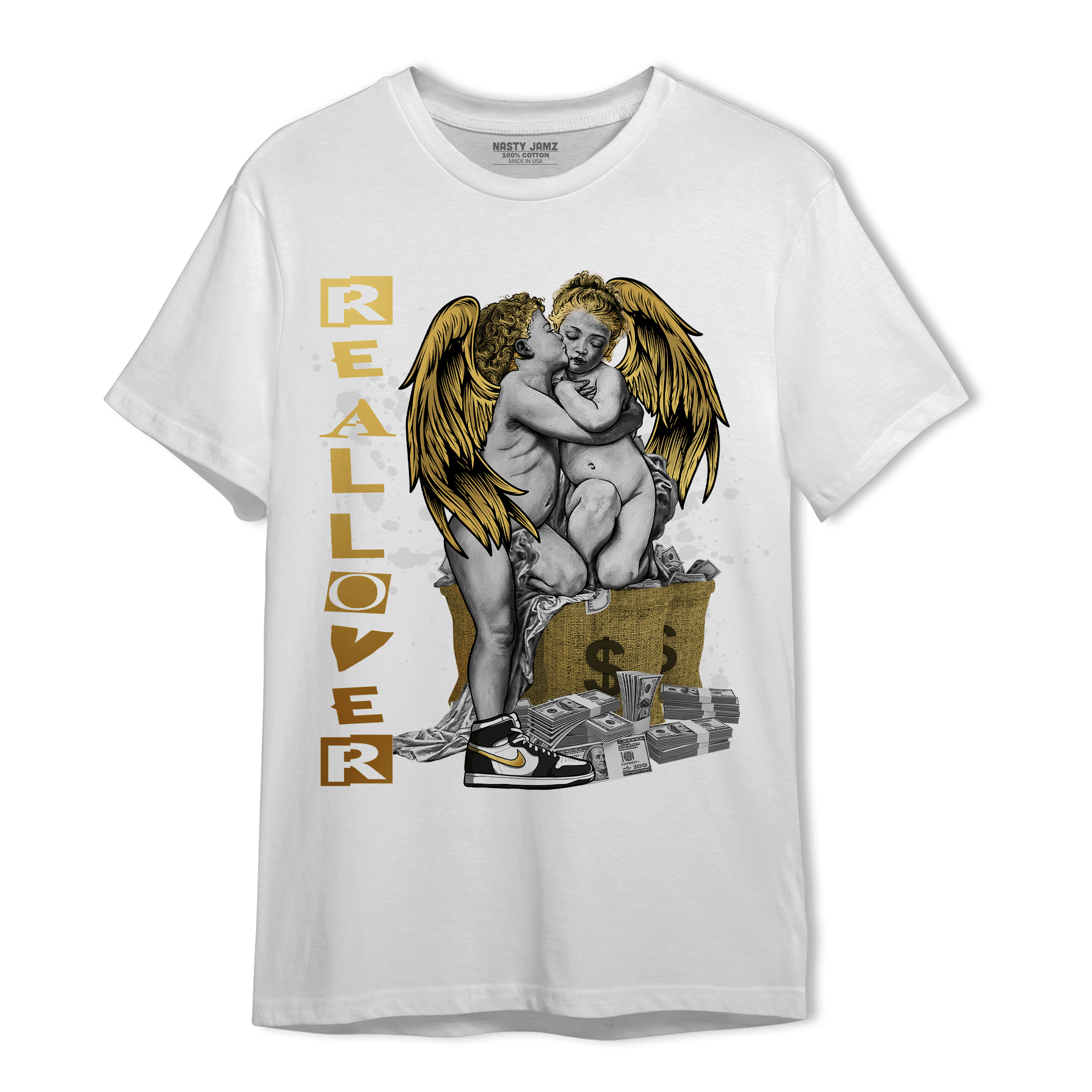 Mid SE Black Gold 1s T Shirt Match Real Lover Angel - NastyJamz