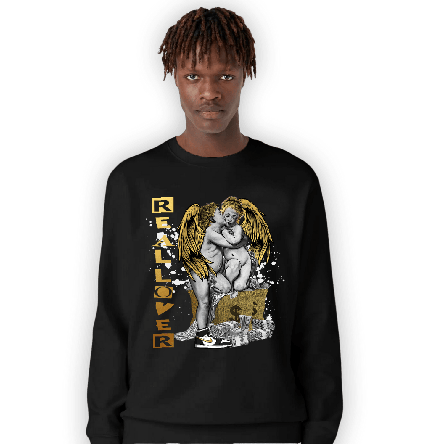 Mid SE Black Gold 1s Sweatshirt Match Real Lover Angel - NastyJamz