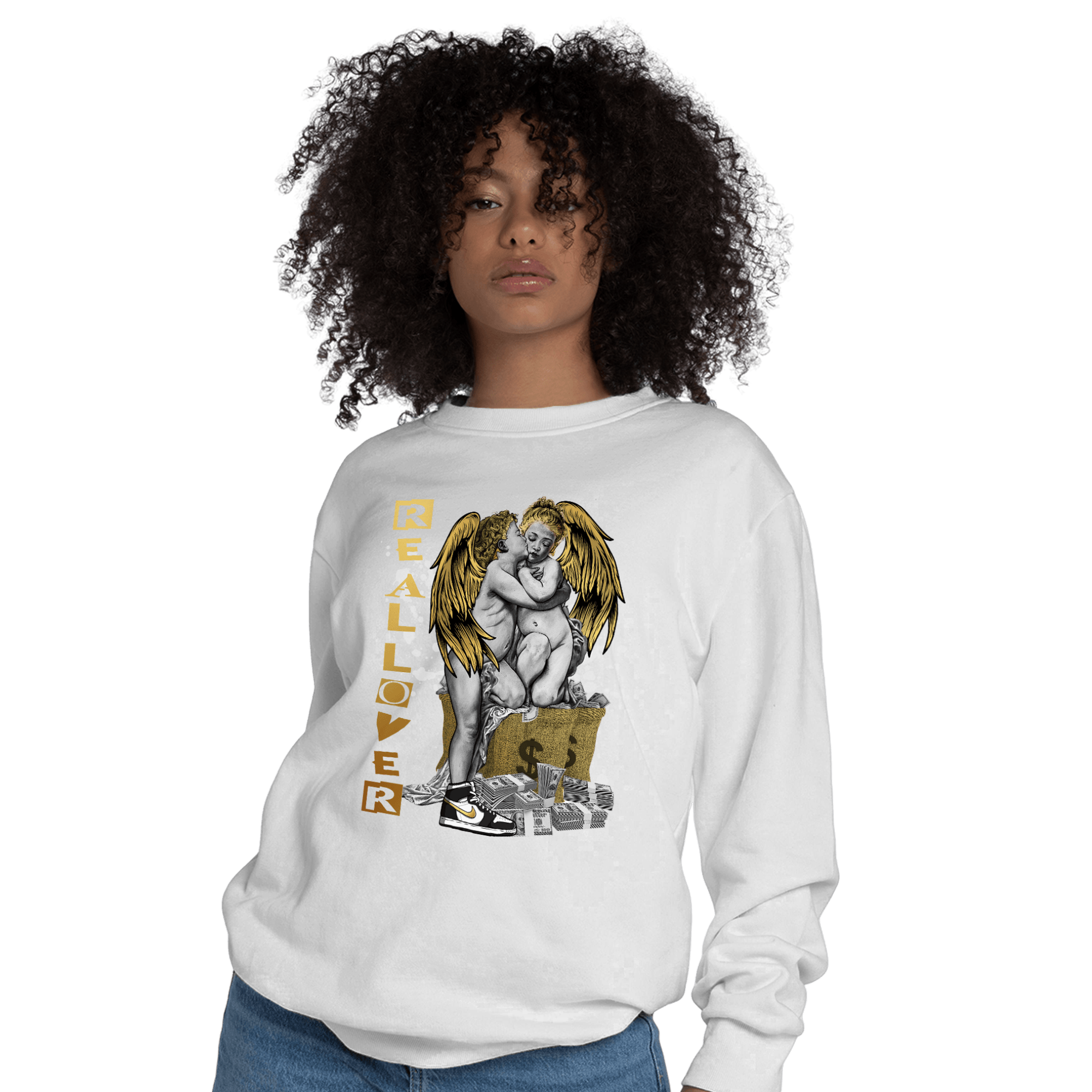 Mid SE Black Gold 1s Sweatshirt Match Real Lover Angel - NastyJamz