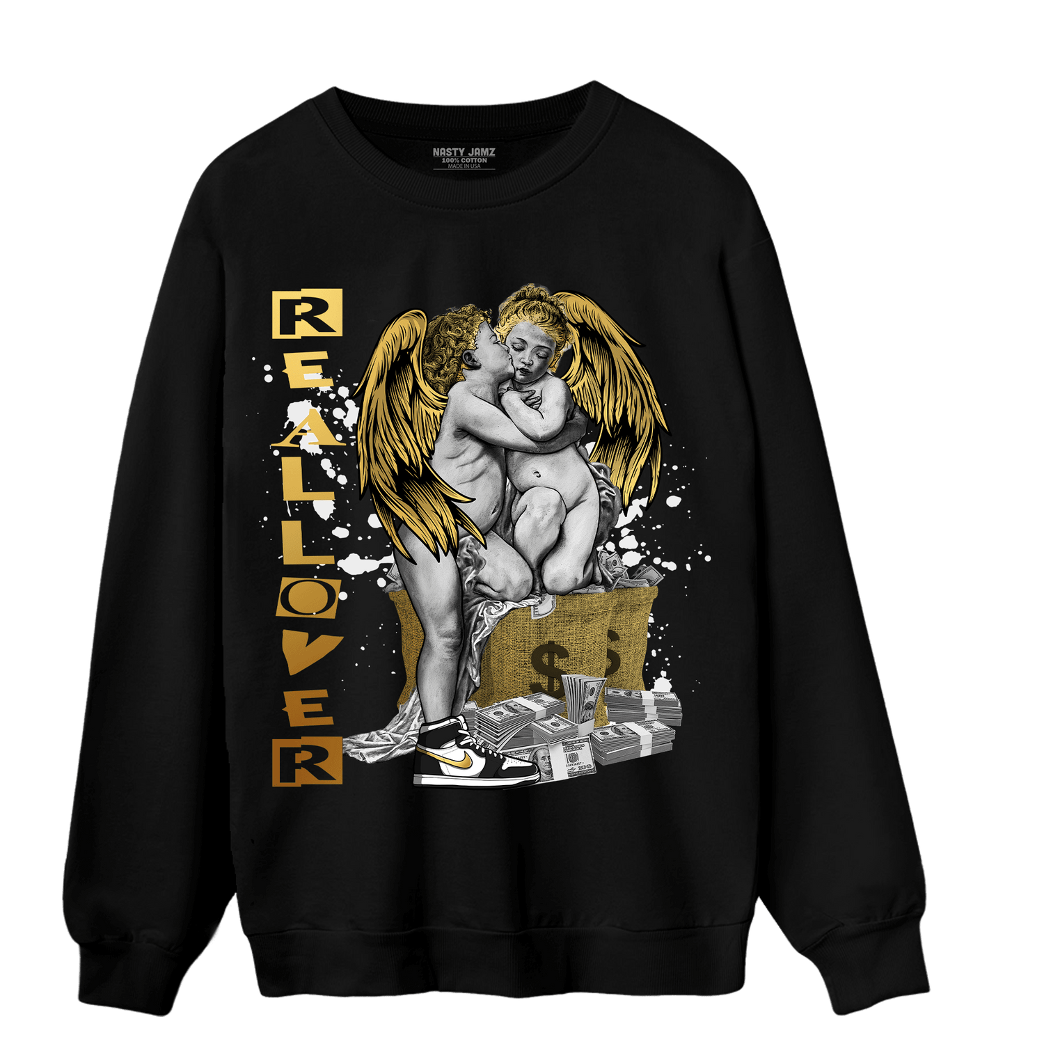 Mid SE Black Gold 1s Sweatshirt Match Real Lover Angel - NastyJamz