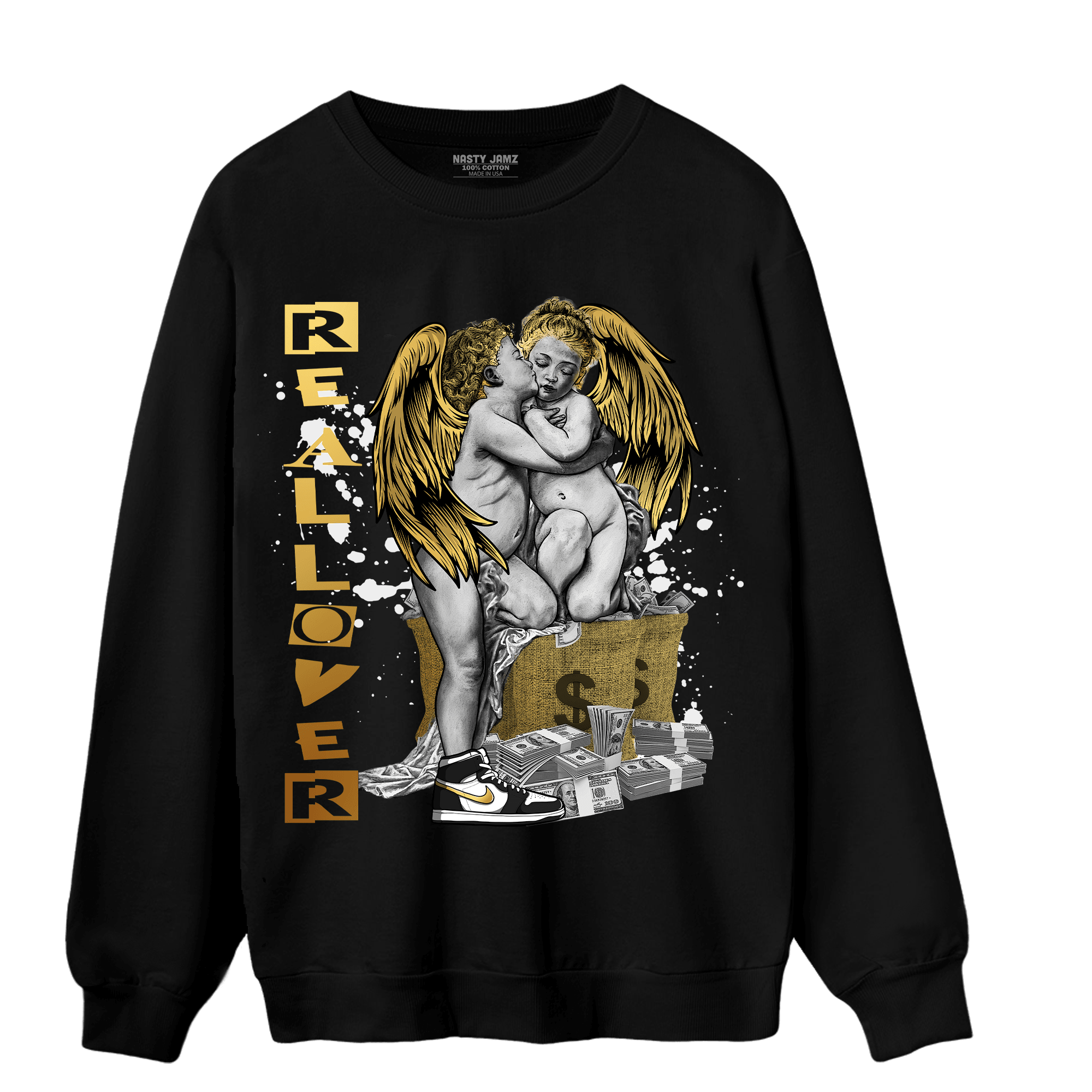 Mid SE Black Gold 1s Sweatshirt Match Real Lover Angel - NastyJamz