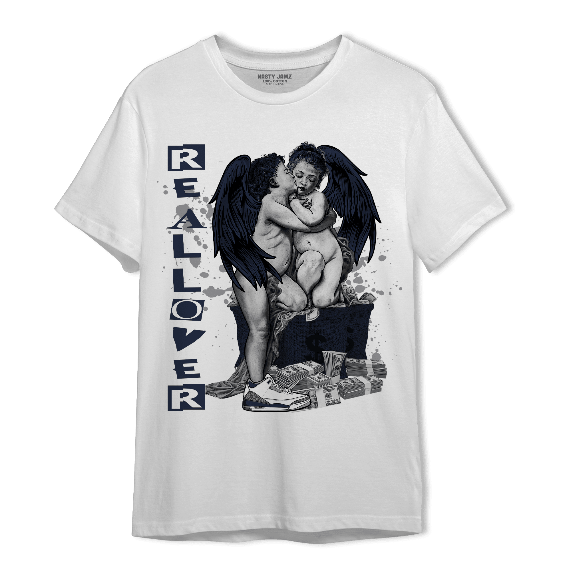 White Navy 3s T Shirt Match Real Lover Angel - NastyJamz