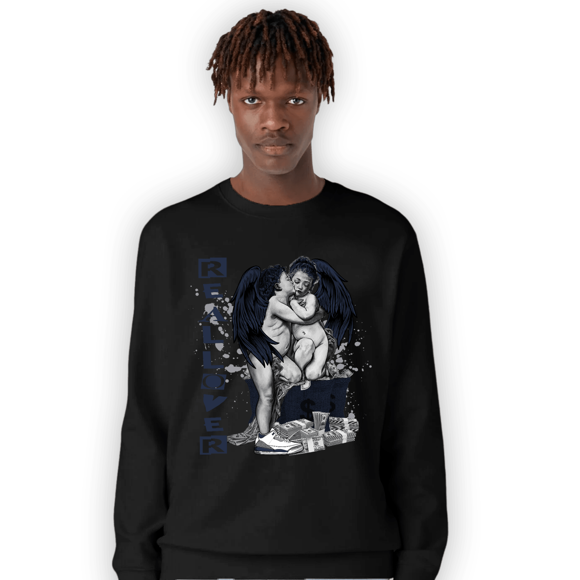 White Navy 3s Sweatshirt Match Real Lover Angel - NastyJamz