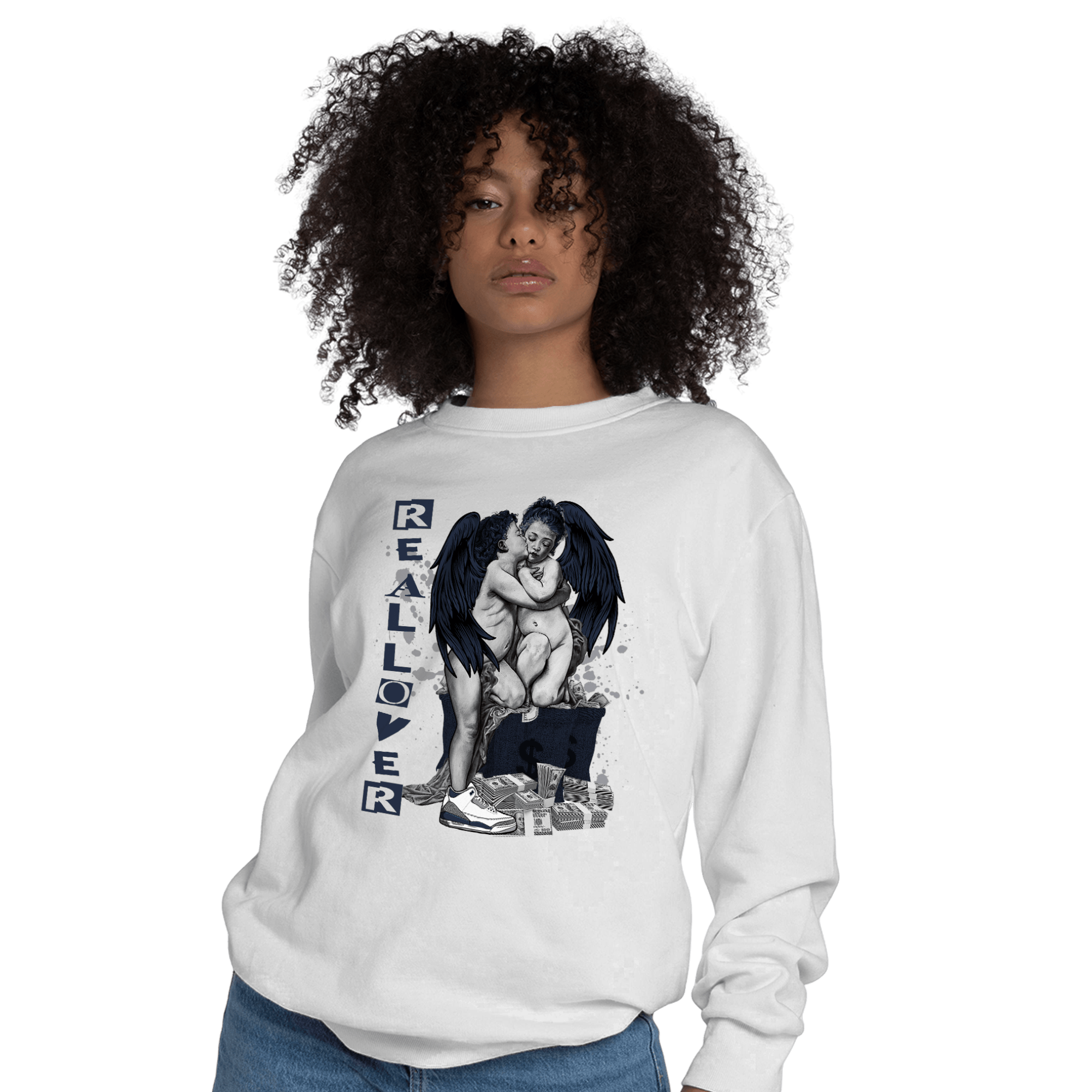 White Navy 3s Sweatshirt Match Real Lover Angel - NastyJamz