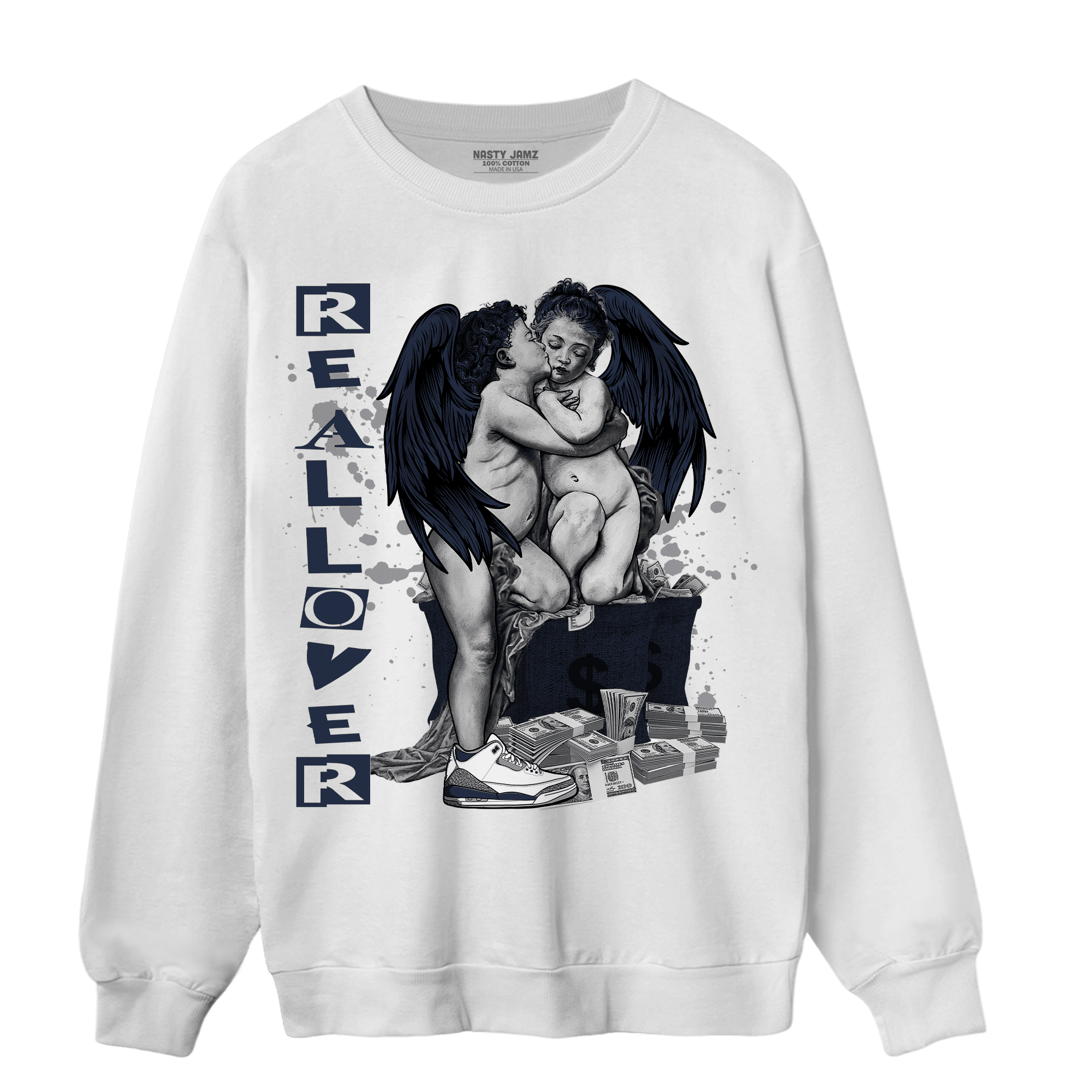 White Navy 3s Sweatshirt Match Real Lover Angel - NastyJamz