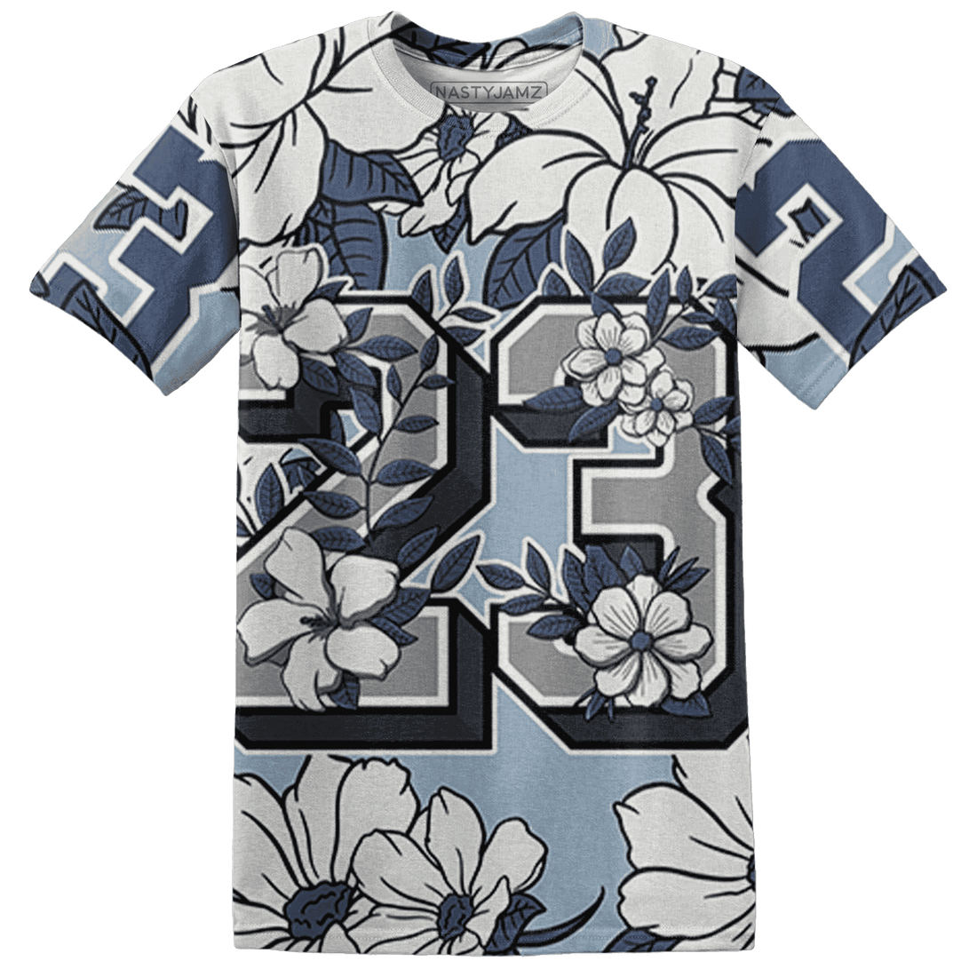 Mid Diffused Blue Grey 1s T Shirt Match 23 Floral 3D All-Over Print Flower - NastyJamz