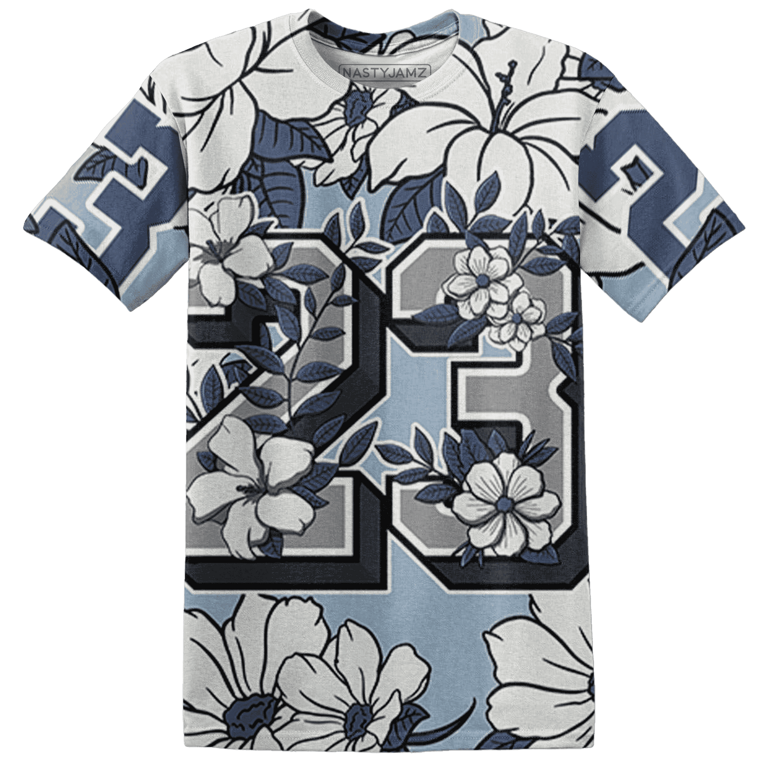 Mid Diffused Blue Grey 1s T Shirt Match 23 Floral 3D All-Over Print Flower - NastyJamz