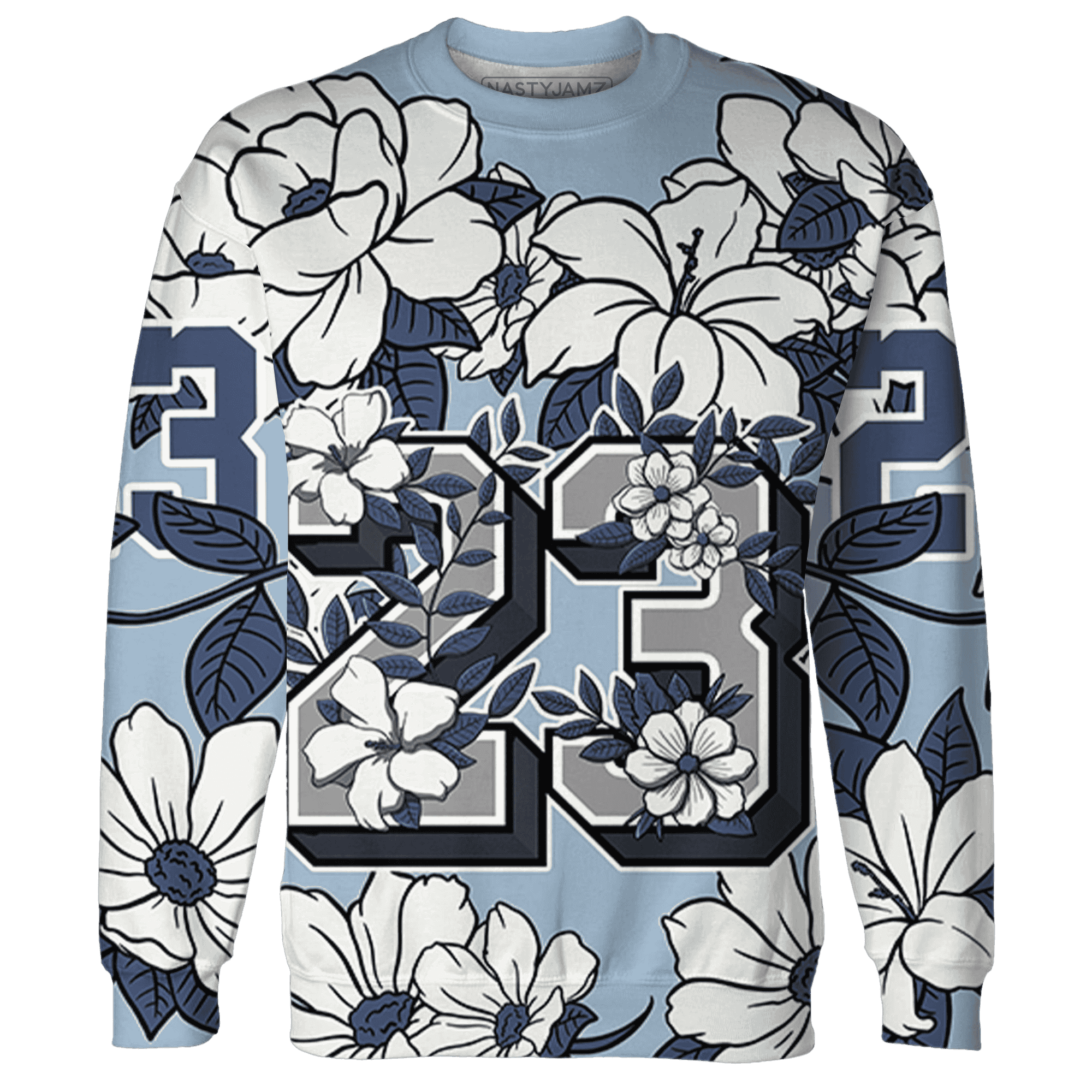 Mid Diffused Blue Grey 1s Sweatshirt Match 23 Floral 3D All-Over Print Flower - NastyJamz