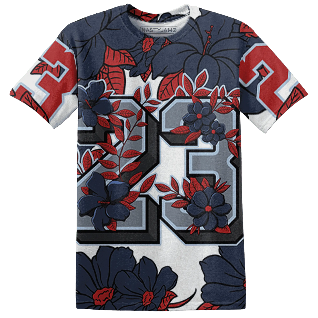 White-Navy-6s-T-Shirt-Match-23-Floral-3D-Flower